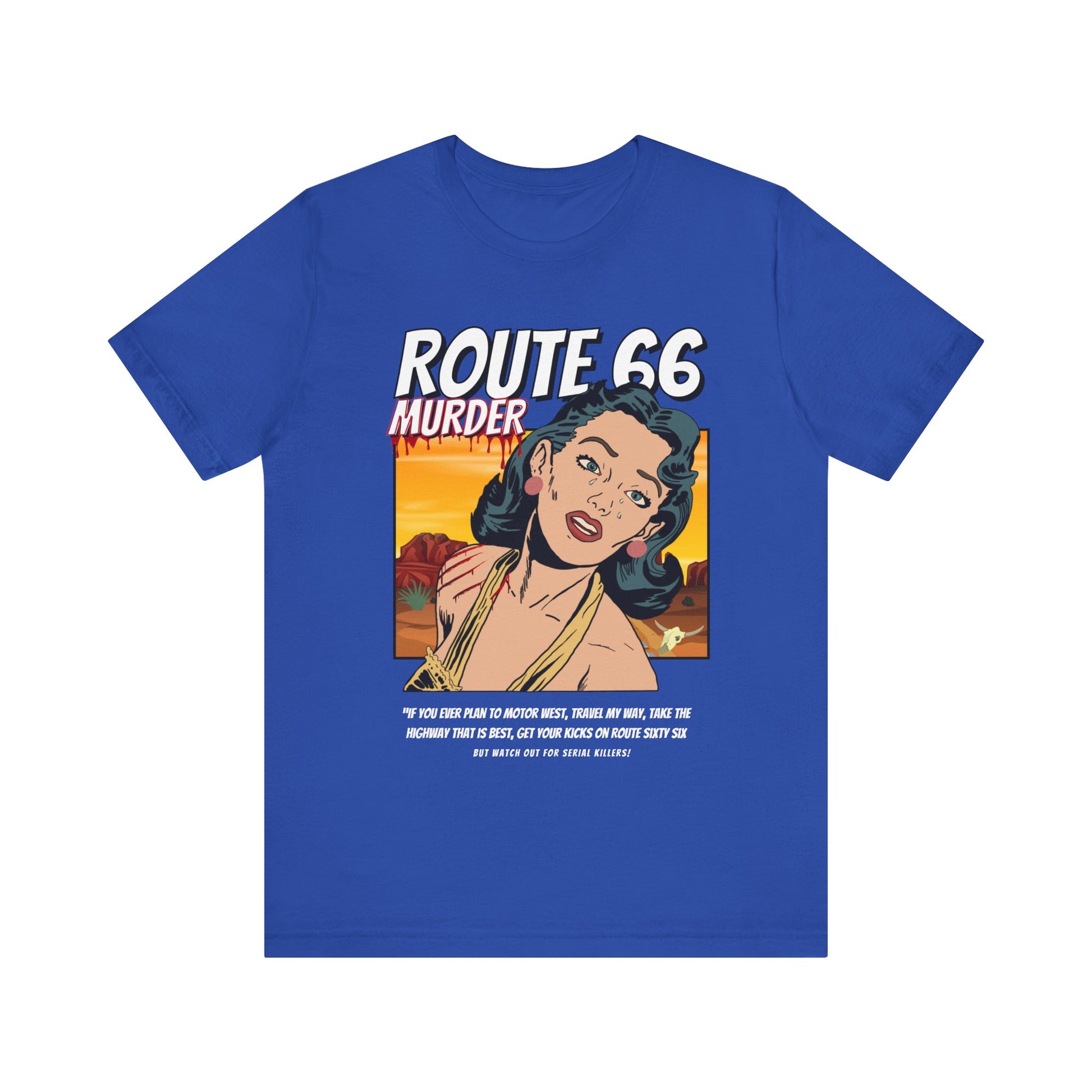 True royal retro unisex jersey tee with Route 66 murder comic book-style design