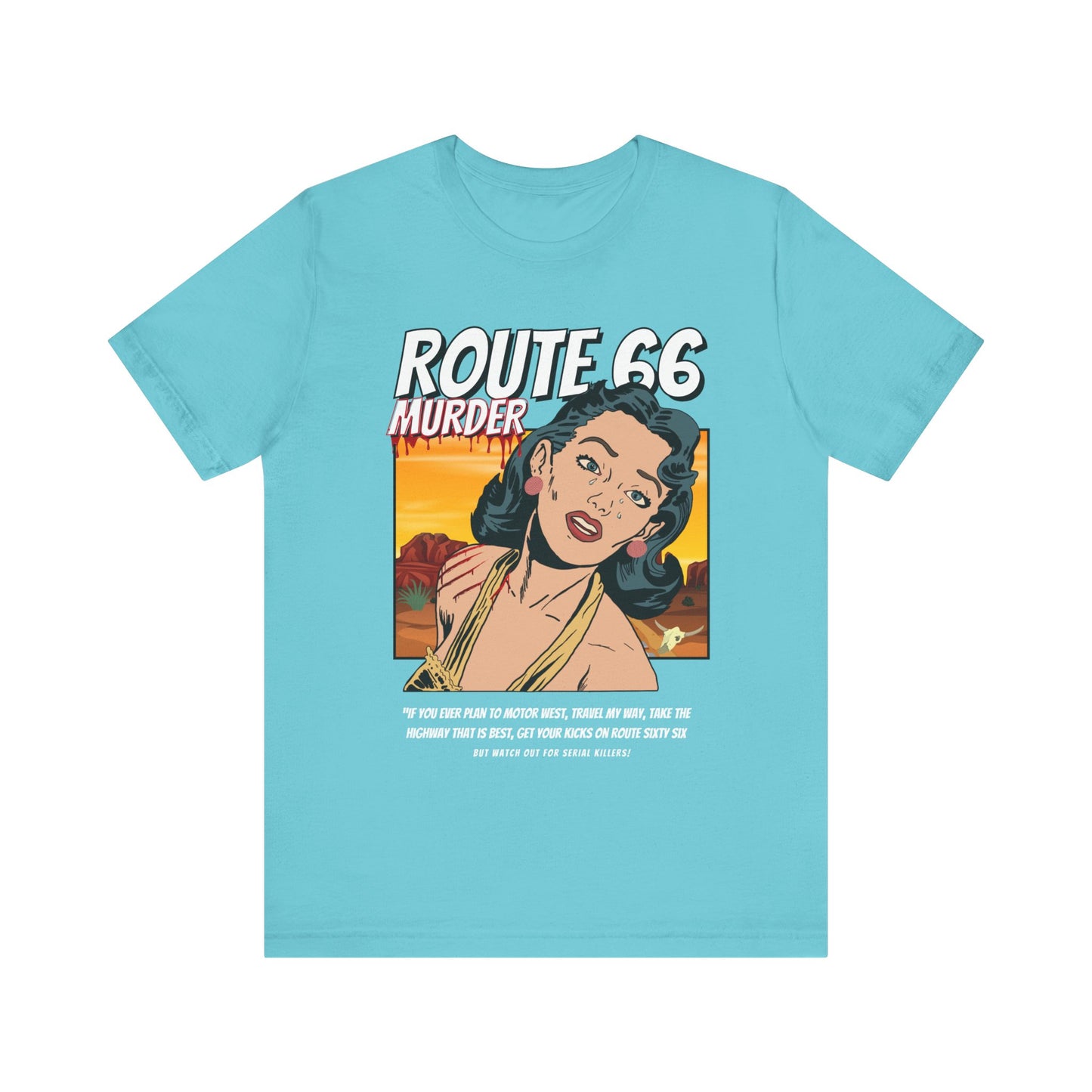 Turquoise retro unisex jersey tee with Route 66 murder comic book-style design