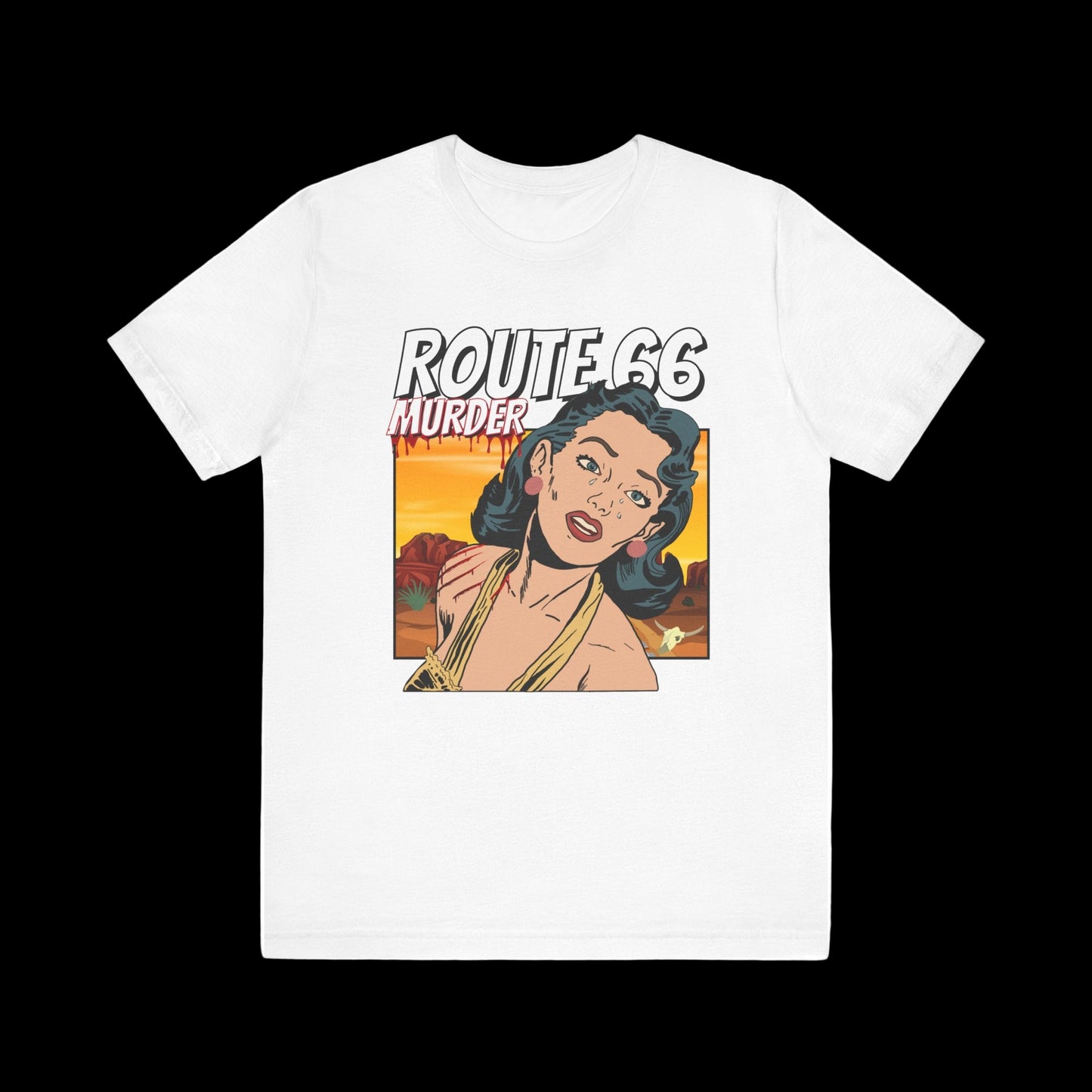 White retro unisex jersey tee with Route 66 murder comic book-style design