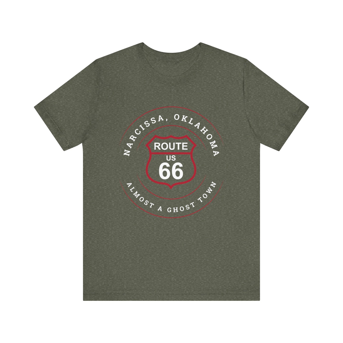 Heather military green retro Route 66 unisex jersey tee with Narcissa, OK "Almost a Ghost Town" design