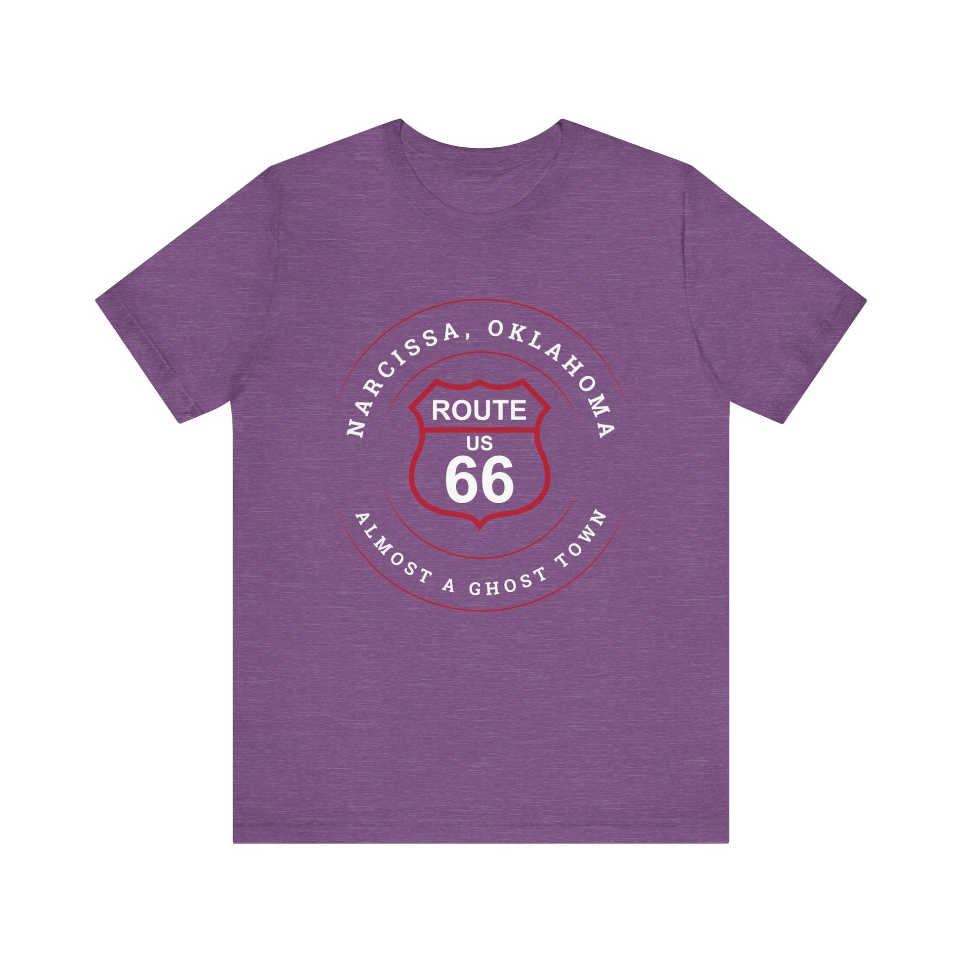 Heather team purple retro Route 66 unisex jersey tee with Narcissa, OK "Almost a Ghost Town" design