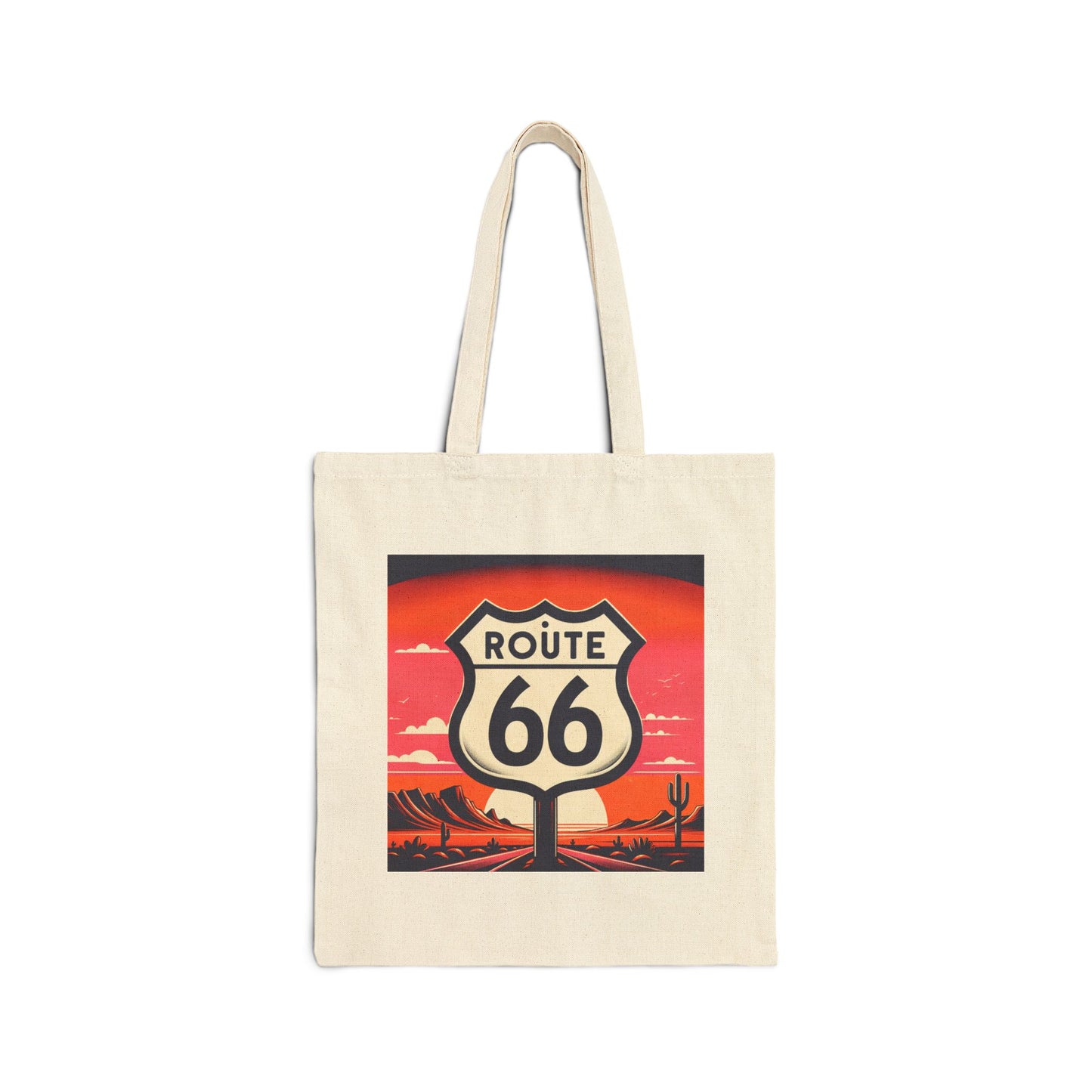 Natural cotton Route 66 canvas tote bag with retro sunset shield artwork on white background
