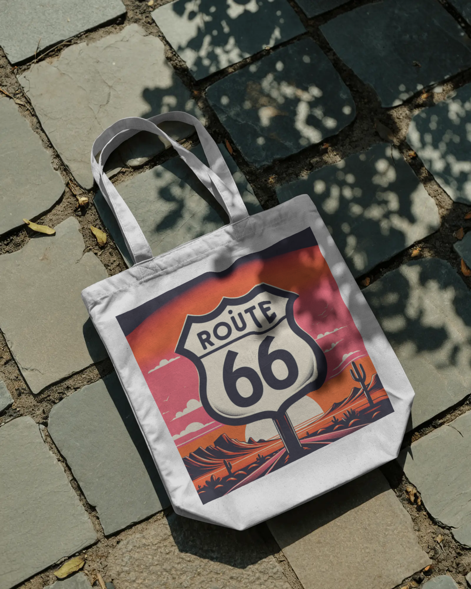 Route 66 sunset canvas tote bag with retro shield design lying on rustic cobblestone, eco-friendly travel accessory