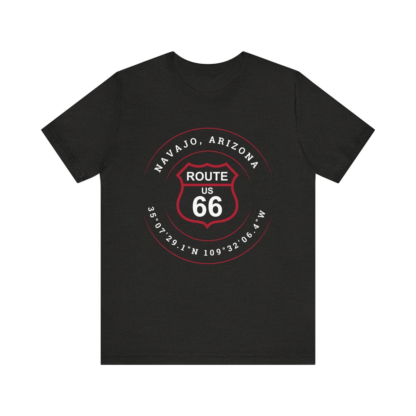 Black heather retro Route 66 unisex jersey tee with Navajo, AZ: "35°07'29.1"N 109°32'06.4"W" design