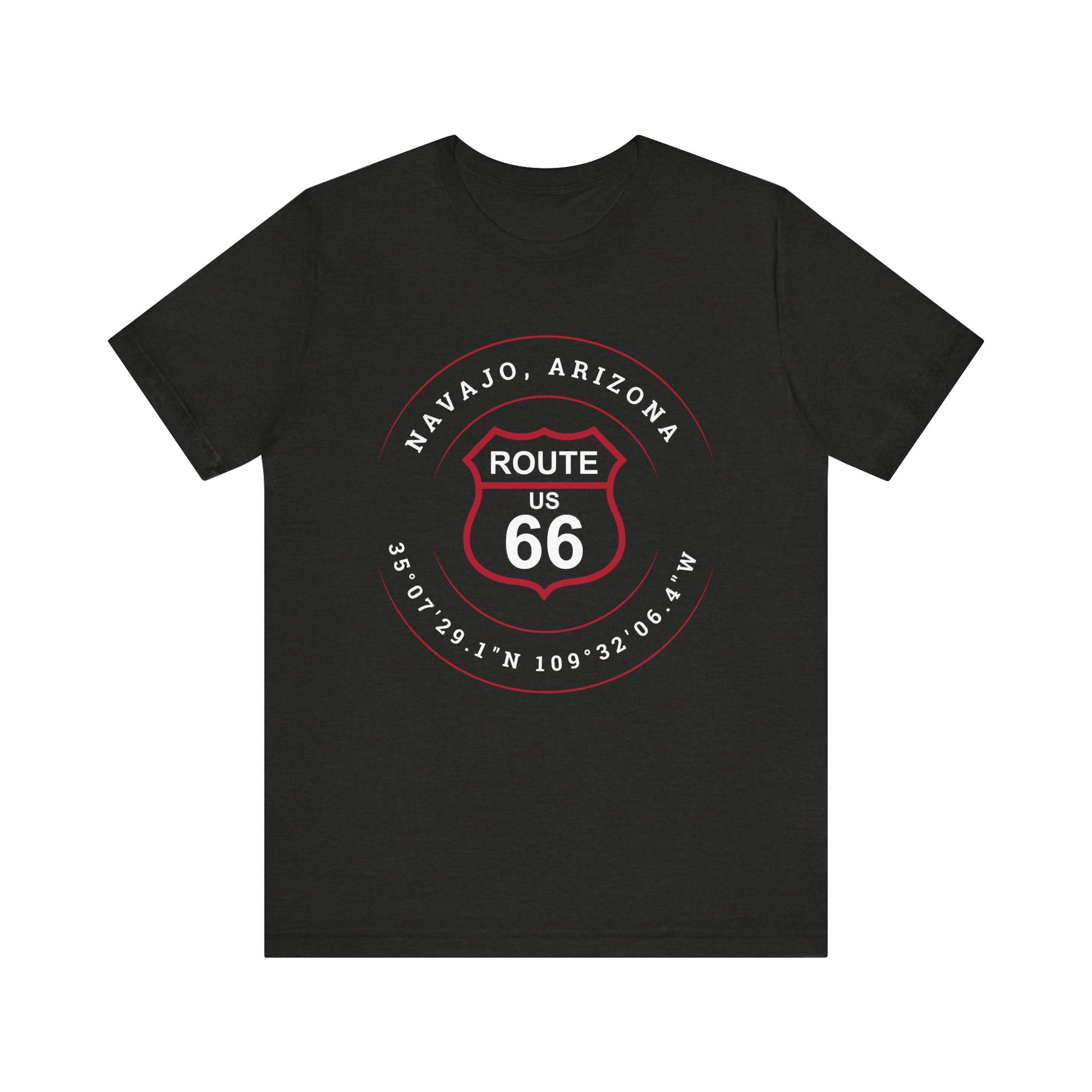 Black heather retro Route 66 unisex jersey tee with Navajo, AZ: "35°07'29.1"N 109°32'06.4"W" design
