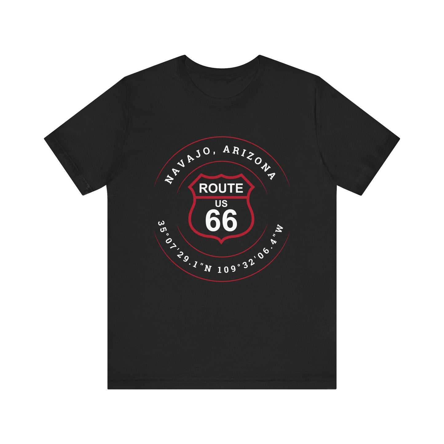 Black retro Route 66 unisex jersey tee with Navajo, AZ: "35°07'29.1"N 109°32'06.4"W" design