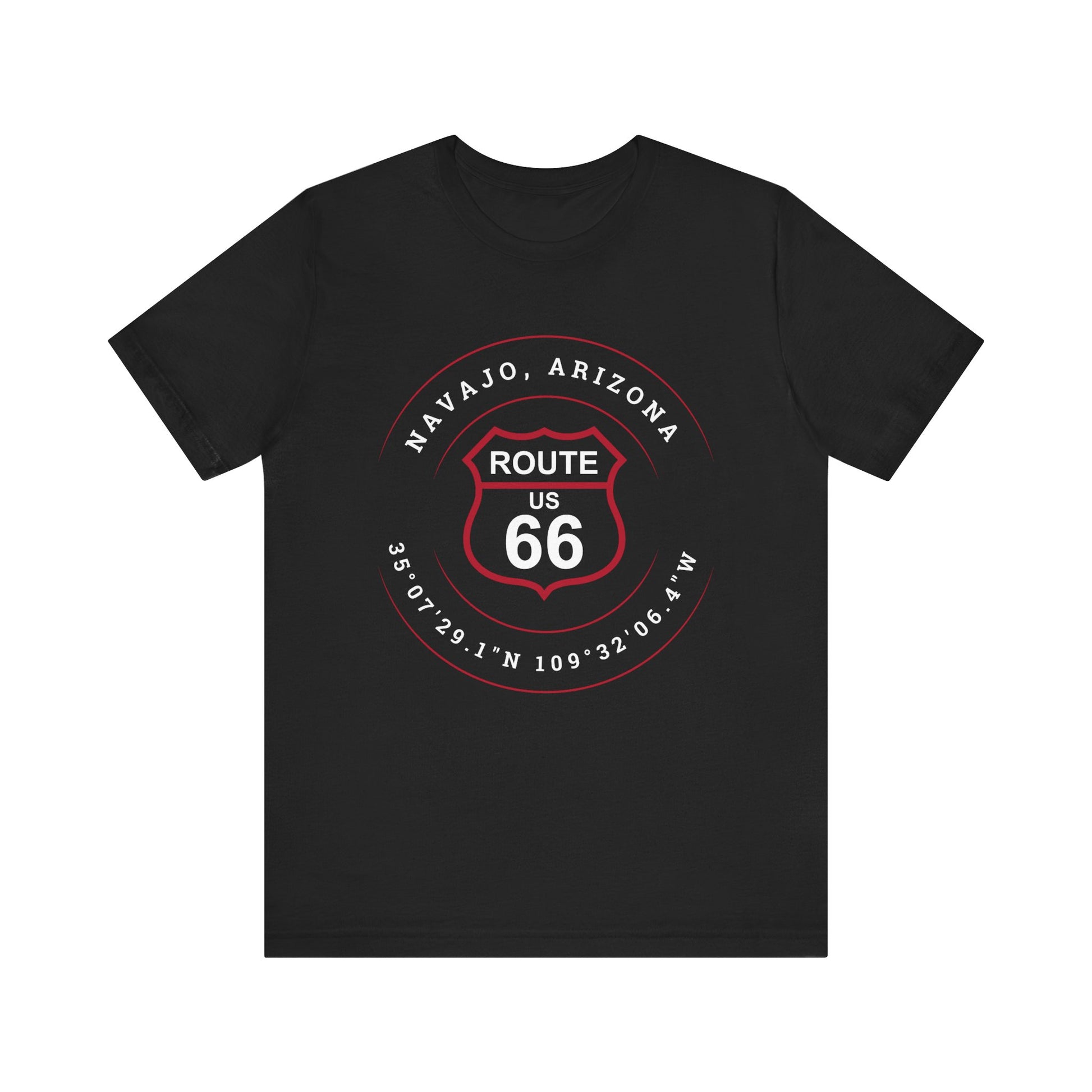 Black retro Route 66 unisex jersey tee with Navajo, AZ: "35°07'29.1"N 109°32'06.4"W" design