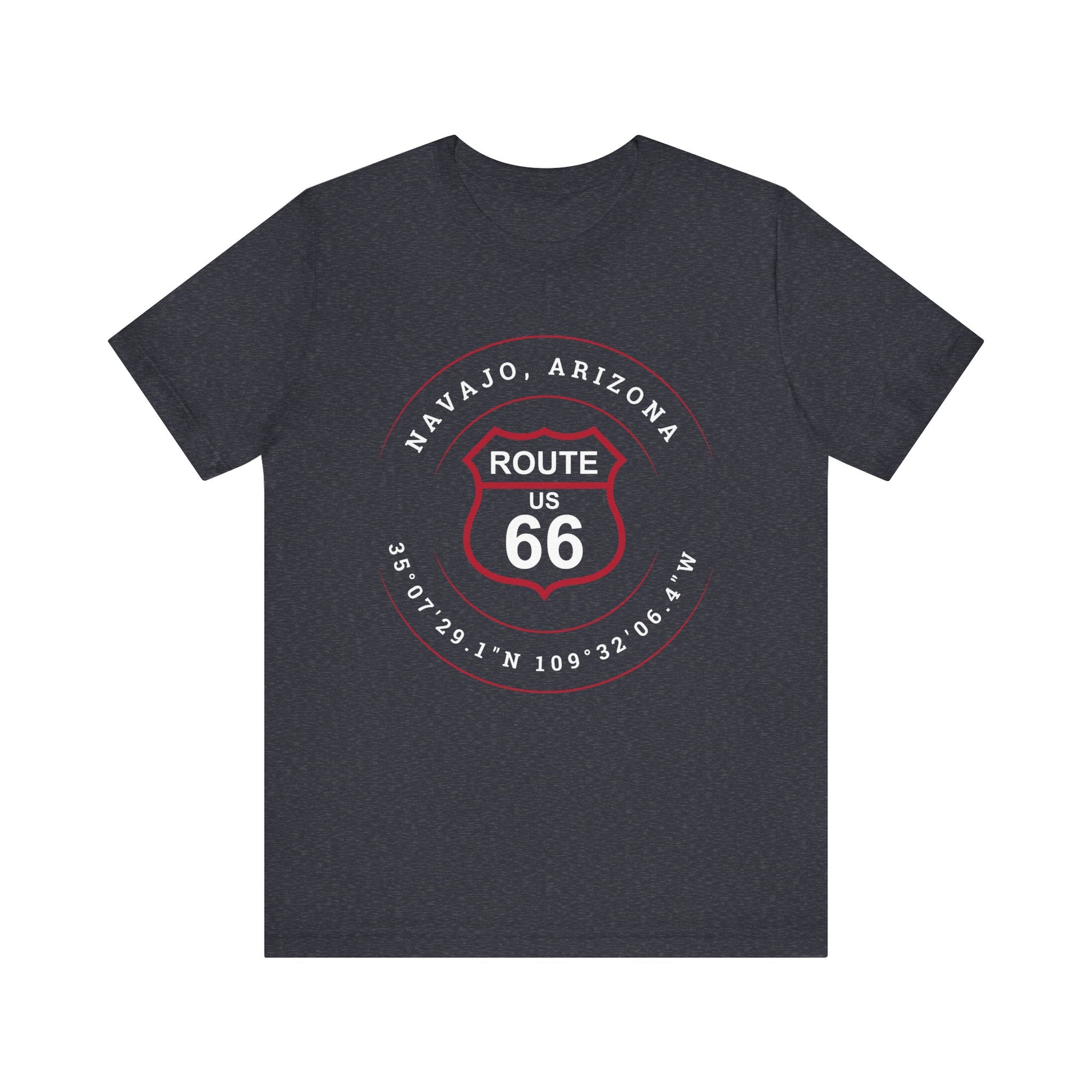 Heather navy retro Route 66 unisex jersey tee with Navajo, AZ: "35°07'29.1"N 109°32'06.4"W" design