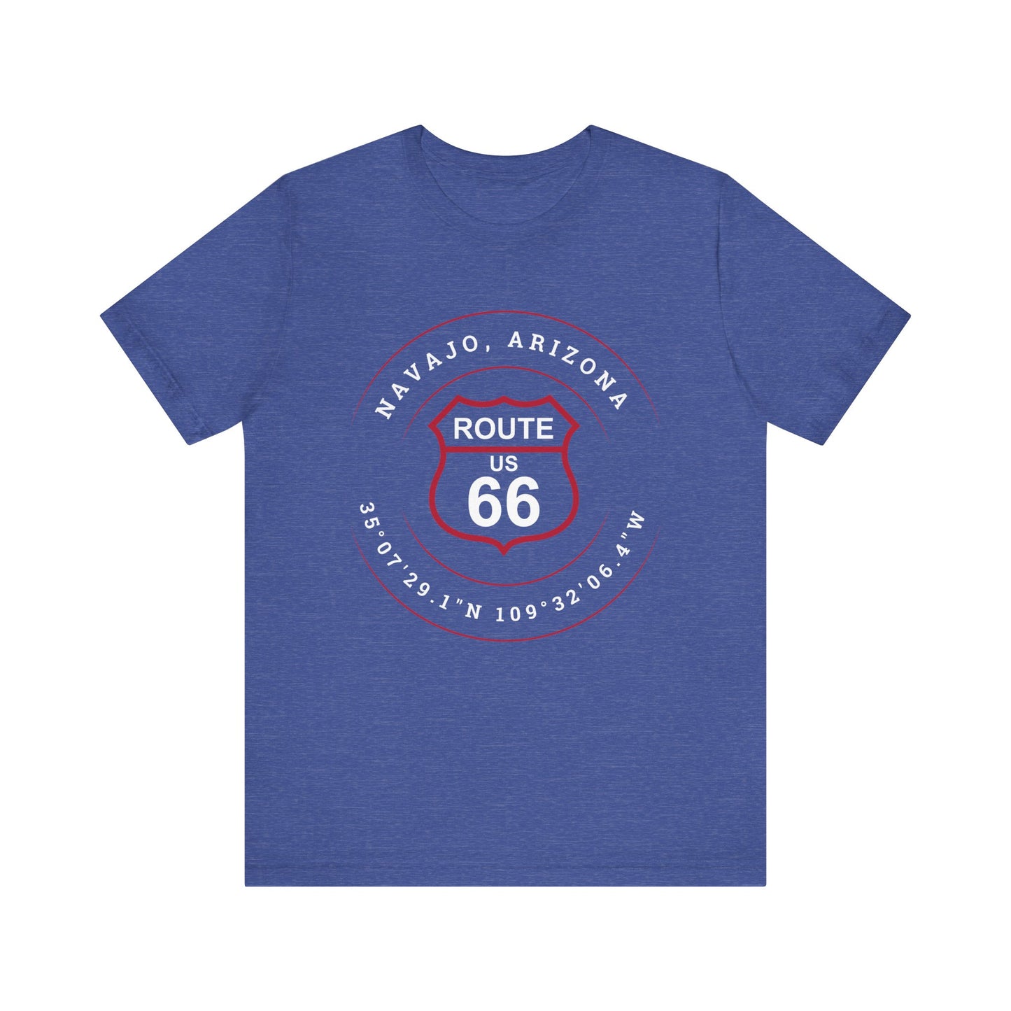 Heather true royal retro Route 66 unisex jersey tee with Navajo, AZ: "35°07'29.1"N 109°32'06.4"W" design