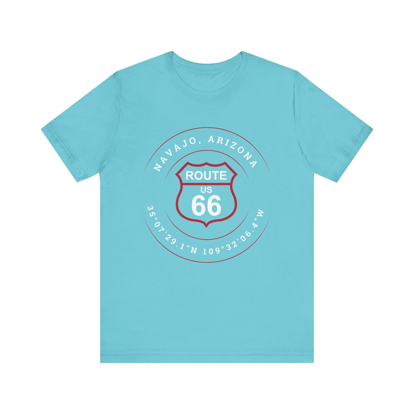 Turquoise retro Route 66 unisex jersey tee with Navajo, AZ: "35°07'29.1"N 109°32'06.4"W" design