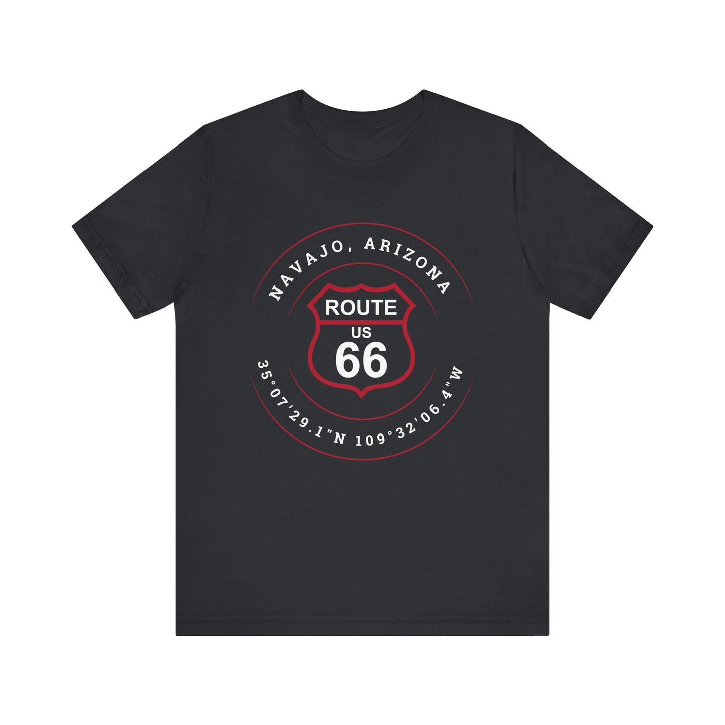 Vintage black retro Route 66 unisex jersey tee with Navajo, AZ: "35°07'29.1"N 109°32'06.4"W" design