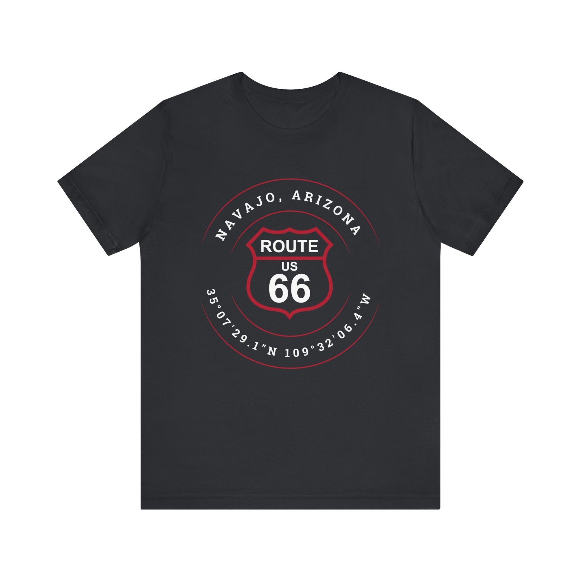 Vintage black retro Route 66 unisex jersey tee with Navajo, AZ: "35°07'29.1"N 109°32'06.4"W" design