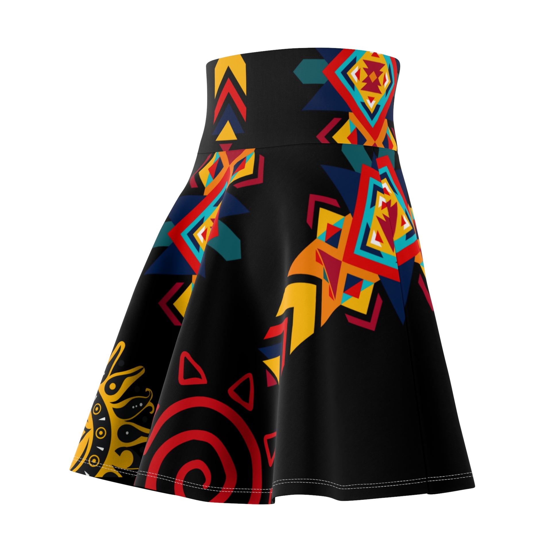 Back view of Route 66 Navajo-inspired skater skirt highlighting bold tribal sun and spiral motifs in yellow and red.