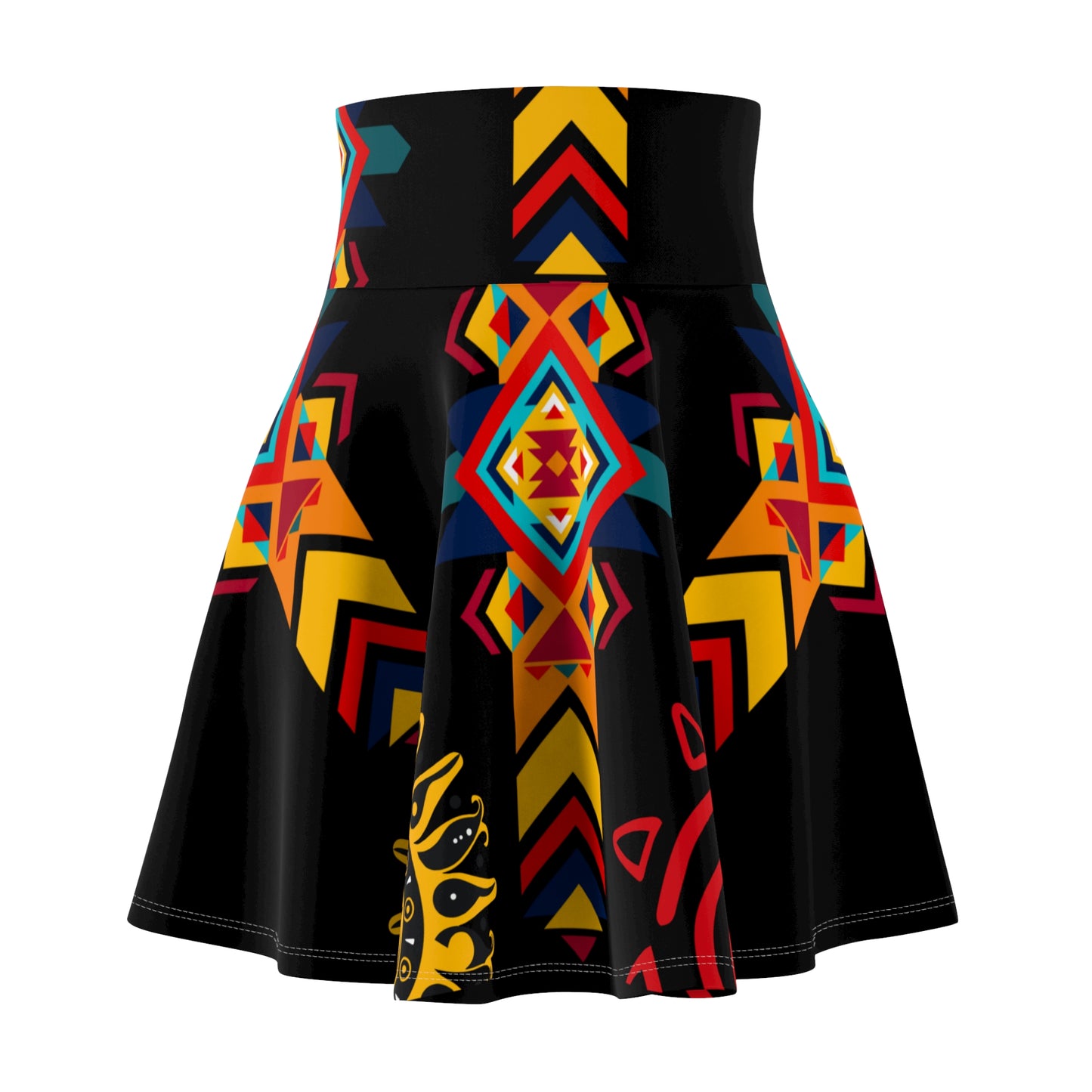 Front view of Route 66 Navajo-inspired skater skirt with bold Southwestern geometric print in gold, red, teal, and blue against a black background.