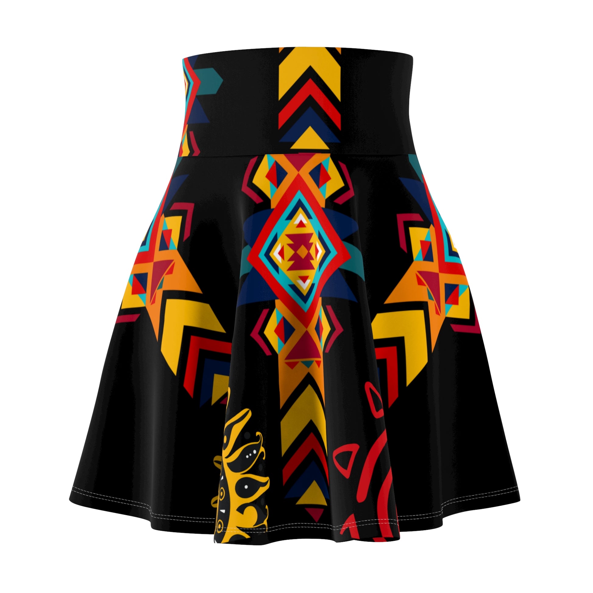 Front view of Route 66 Navajo-inspired skater skirt with bold Southwestern geometric print in gold, red, teal, and blue against a black background.