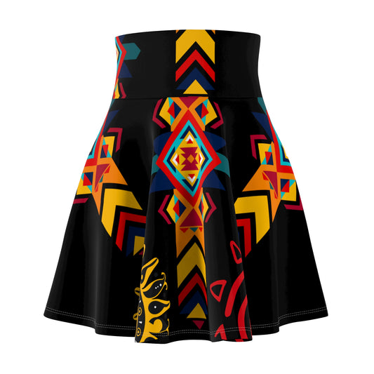 Front view of Route 66 Navajo-inspired skater skirt with bold Southwestern geometric print in gold, red, teal, and blue against a black background.