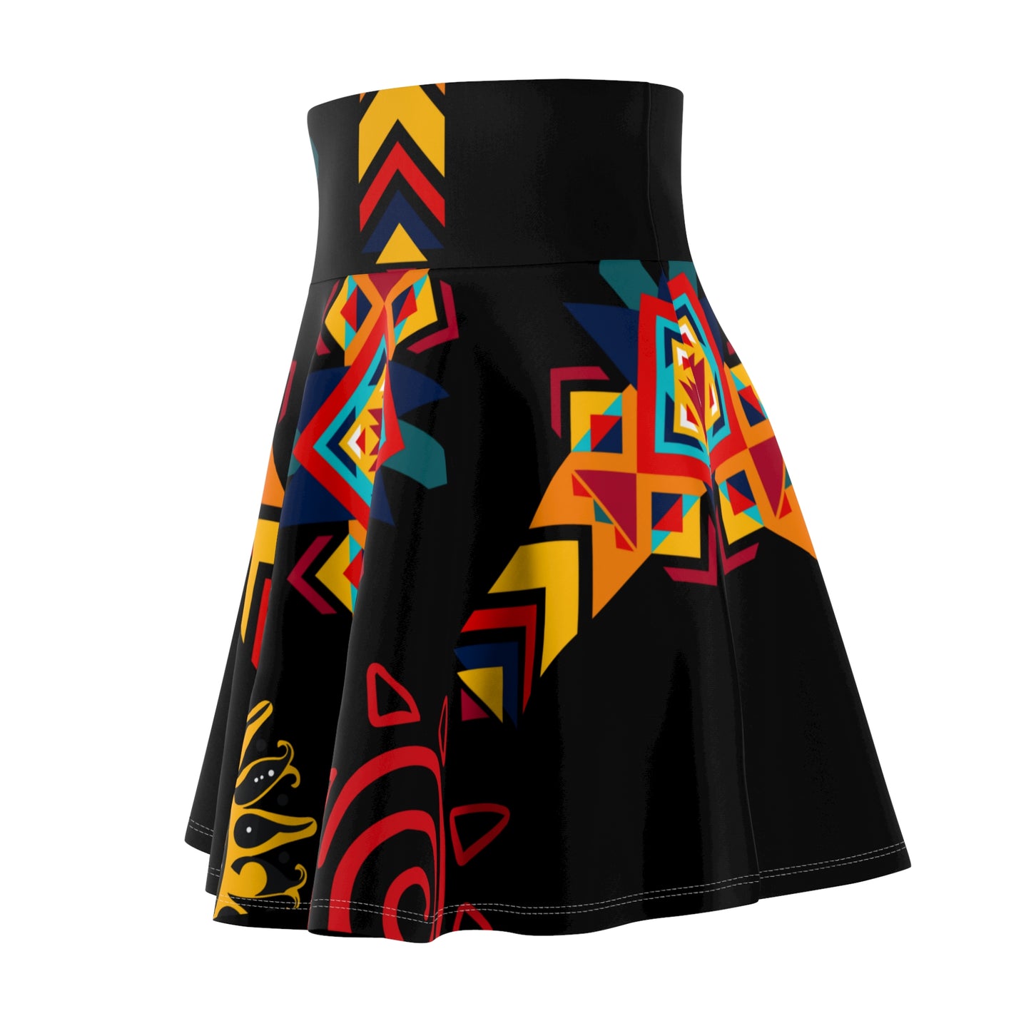 Side angle view of Route 66 Navajo-inspired skater skirt showing wraparound geometric pattern and high-rise waistband.