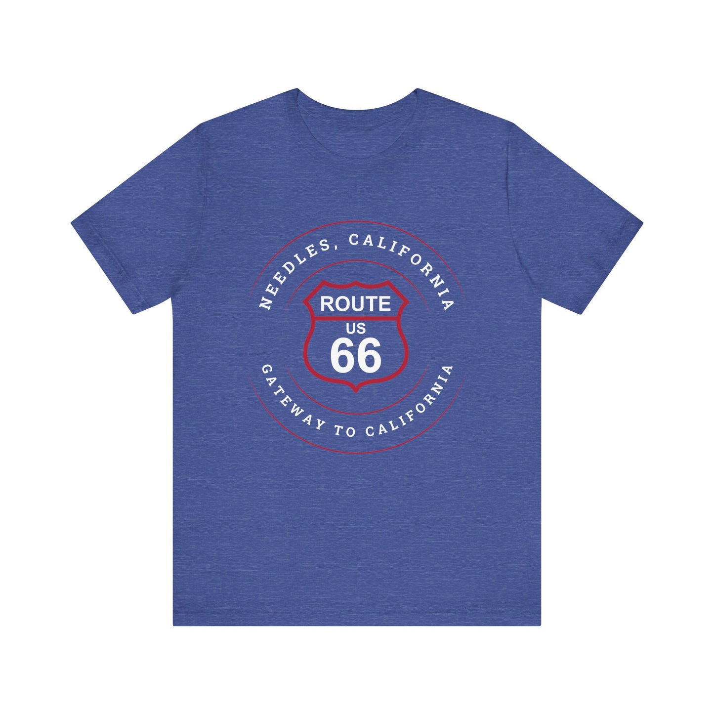 Heather true royal retro Route 66 unisex jersey tee with Needles, CA: "Gateway to California" design