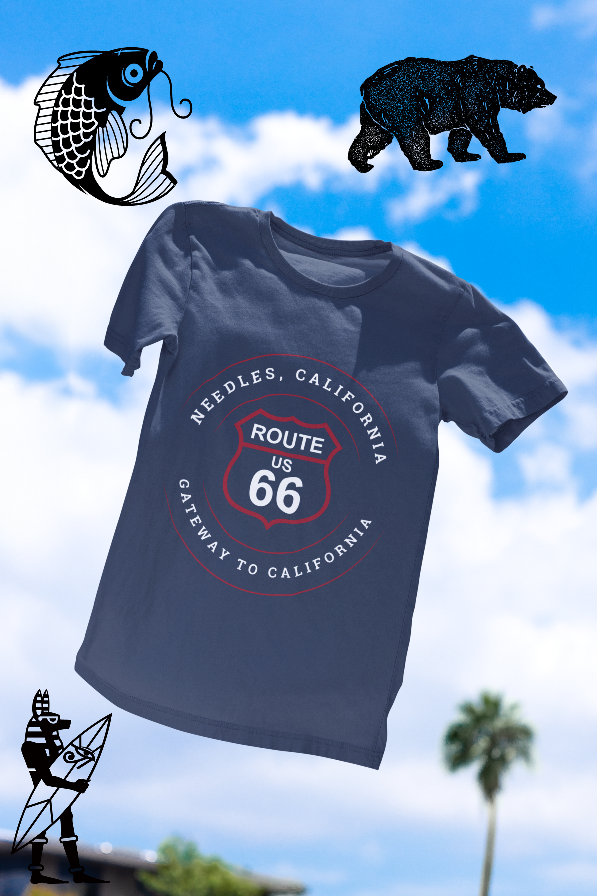 A floating heather true royal retro Route 66 unisex jersey tee with Needles, CA: "Gateway to California" design with a California sky background