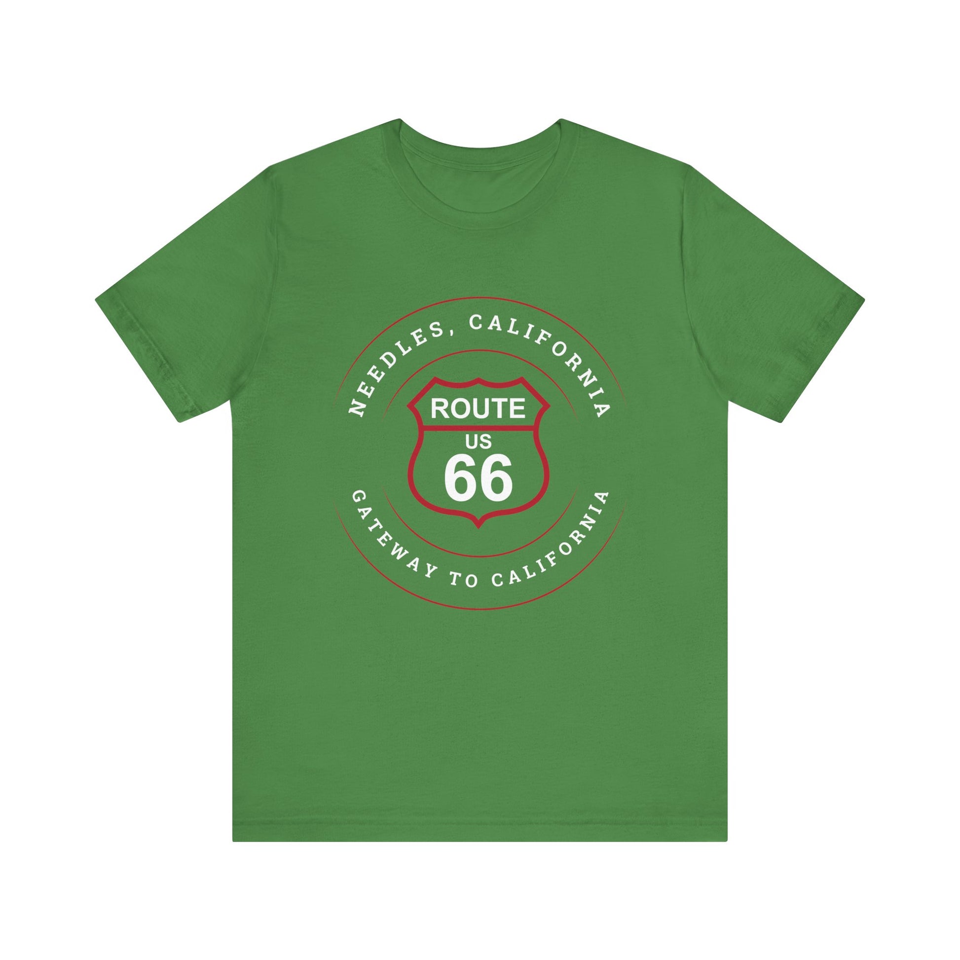 Leaf retro Route 66 unisex jersey tee with Needles, CA: "Gateway to California" design