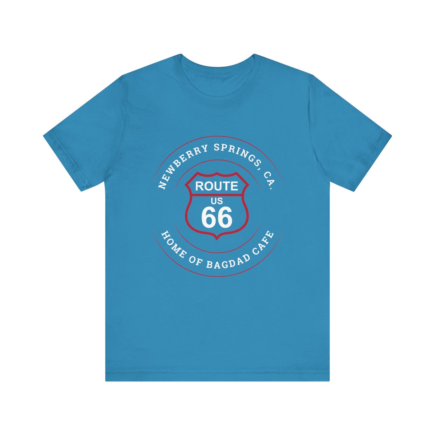 Aqua retro Route 66 unisex jersey tee with Newberry Springs, CA: "Home of Bagdad Cafe" design