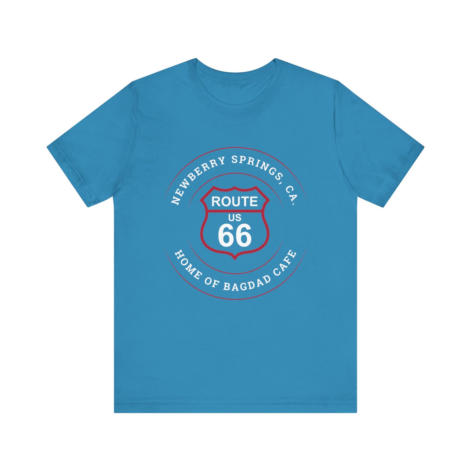 Aqua retro Route 66 unisex jersey tee with Newberry Springs, CA: "Home of Bagdad Cafe" design