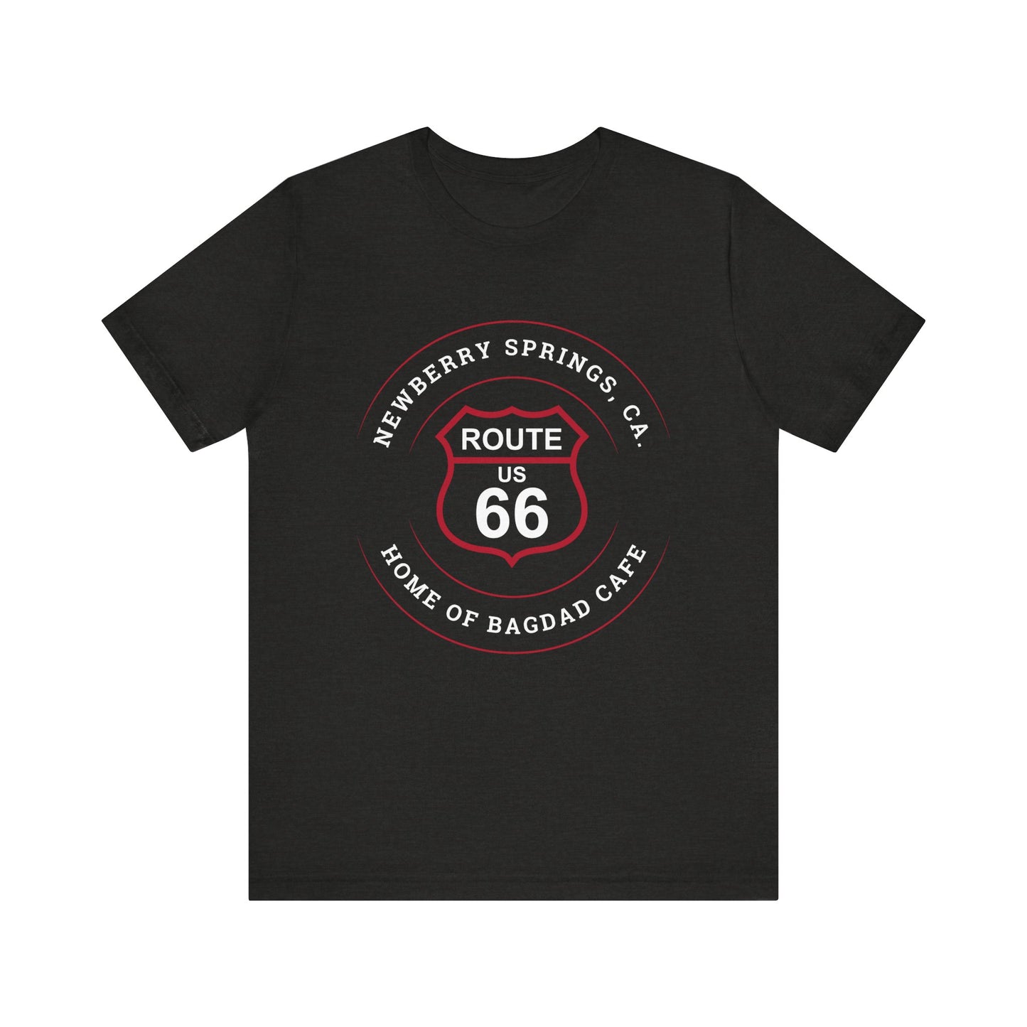 Black heather retro Route 66 unisex jersey tee with Newberry Springs, CA: "Home of Bagdad Cafe" design