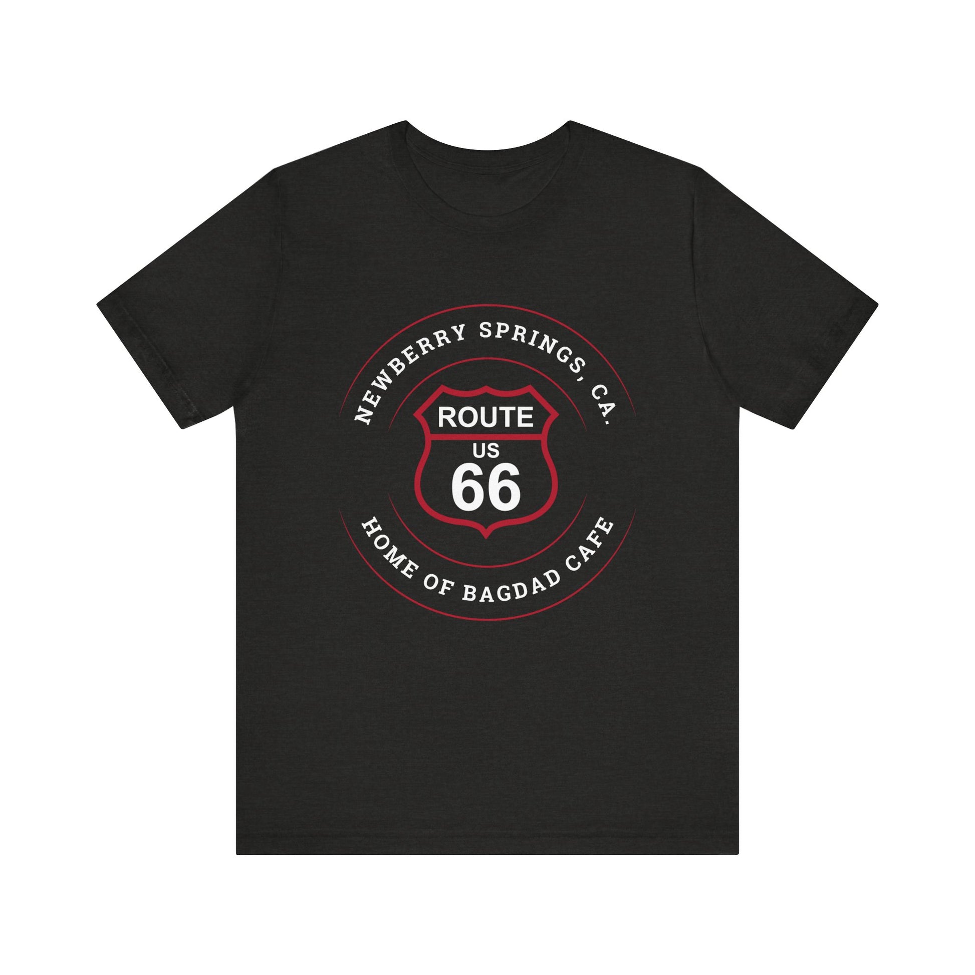 Black heather retro Route 66 unisex jersey tee with Newberry Springs, CA: "Home of Bagdad Cafe" design
