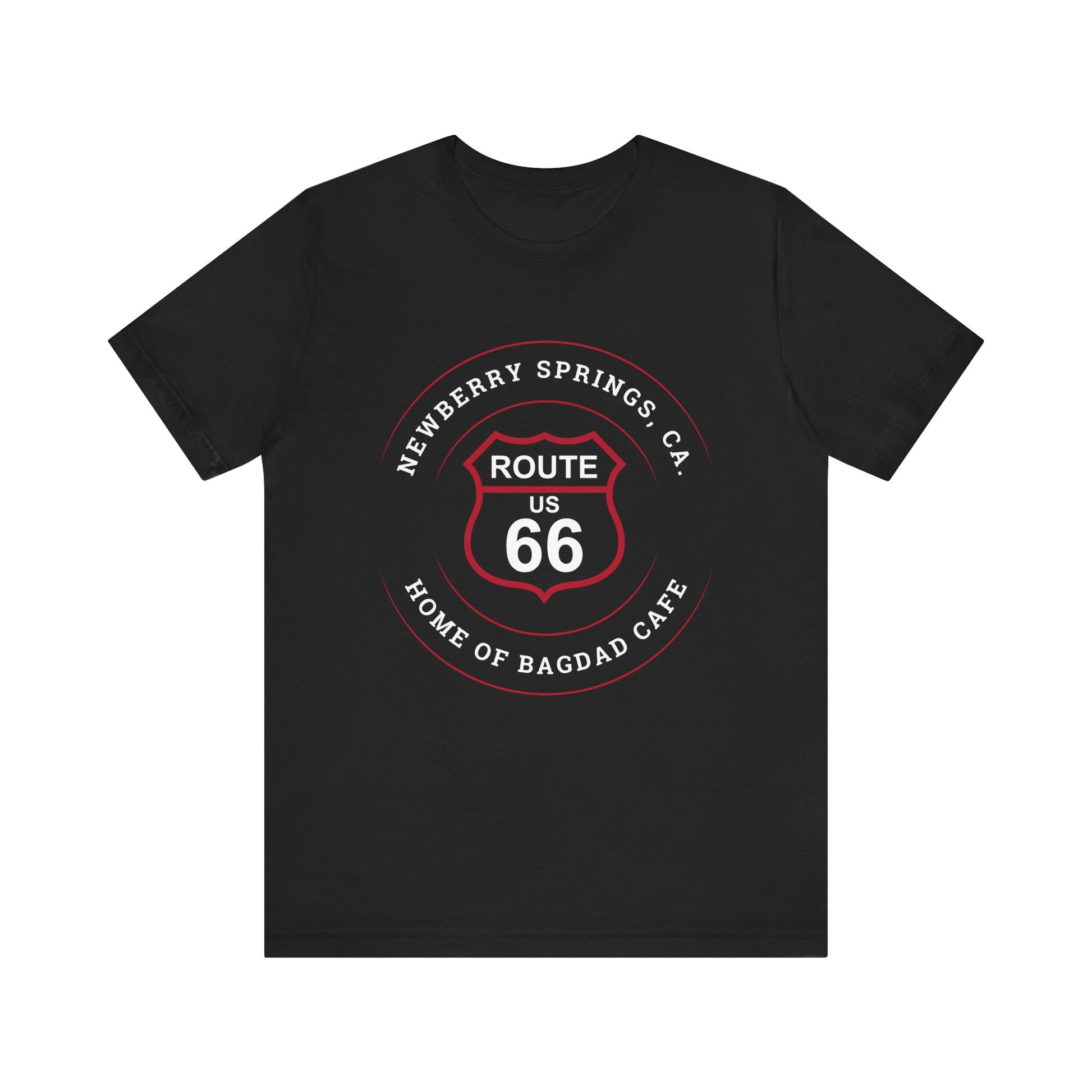 Black retro Route 66 unisex jersey tee with Newberry Springs, CA: "Home of Bagdad Cafe" design
