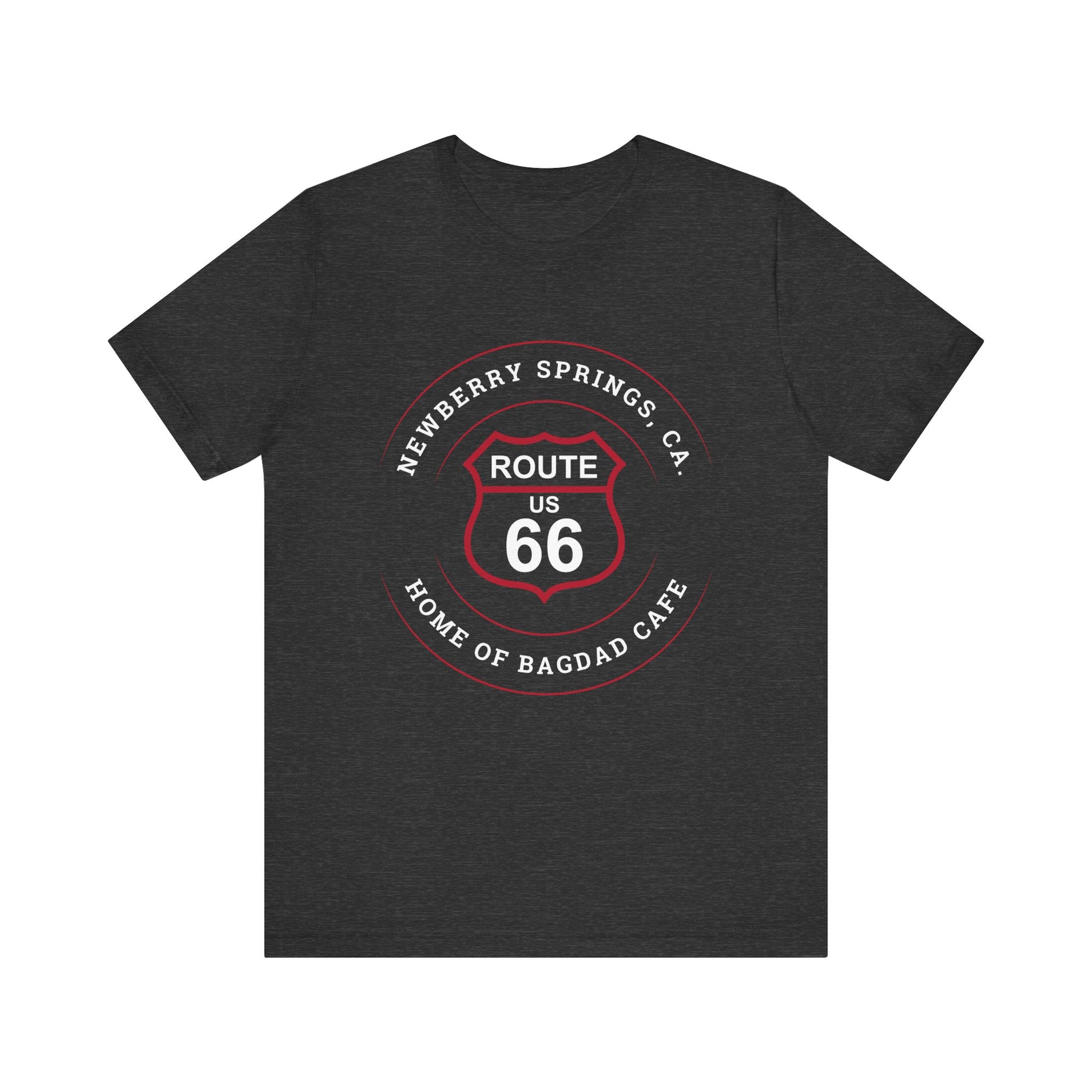 Dark grey heather retro Route 66 unisex jersey tee with Newberry Springs, CA: "Home of Bagdad Cafe" design