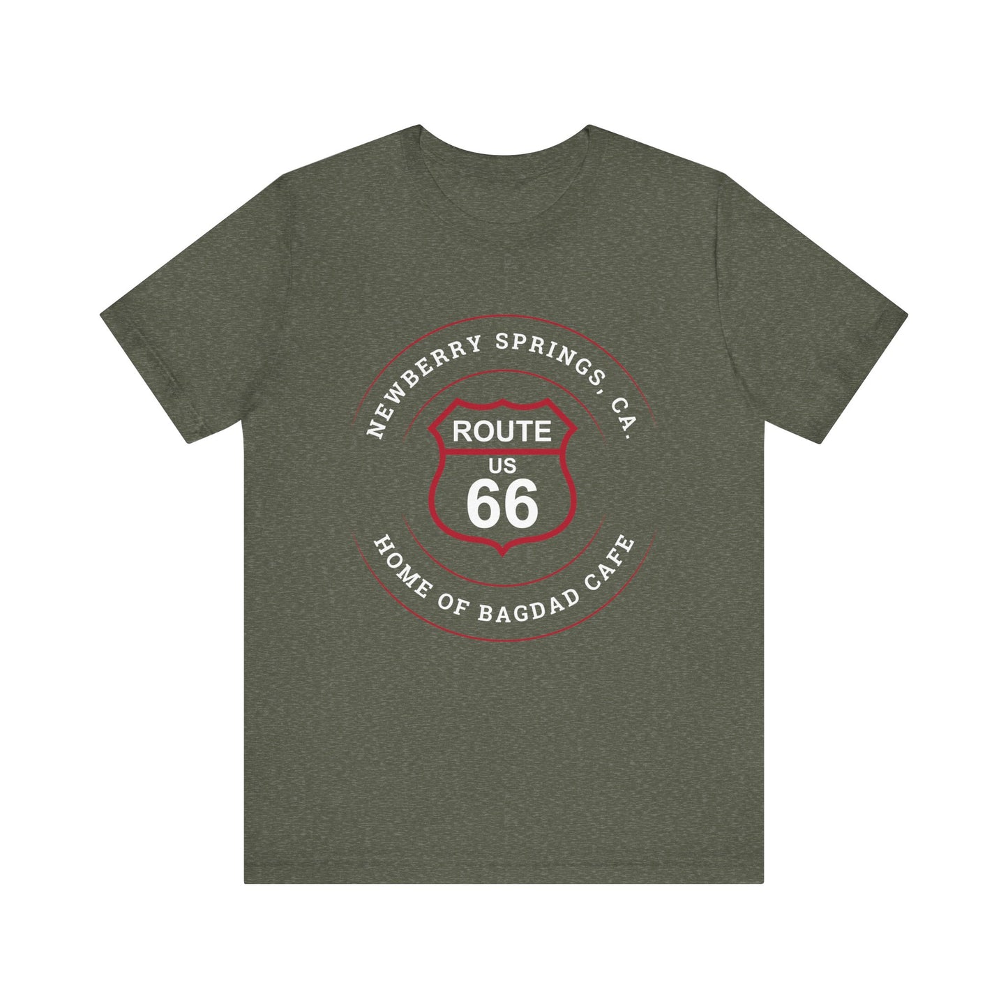 Heather military green retro Route 66 unisex jersey tee with Newberry Springs, CA: "Home of Bagdad Cafe" design