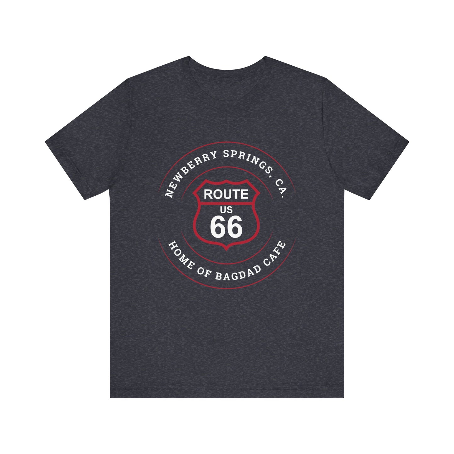 Heather navy retro Route 66 unisex jersey tee with Newberry Springs, CA: "Home of Bagdad Cafe" design