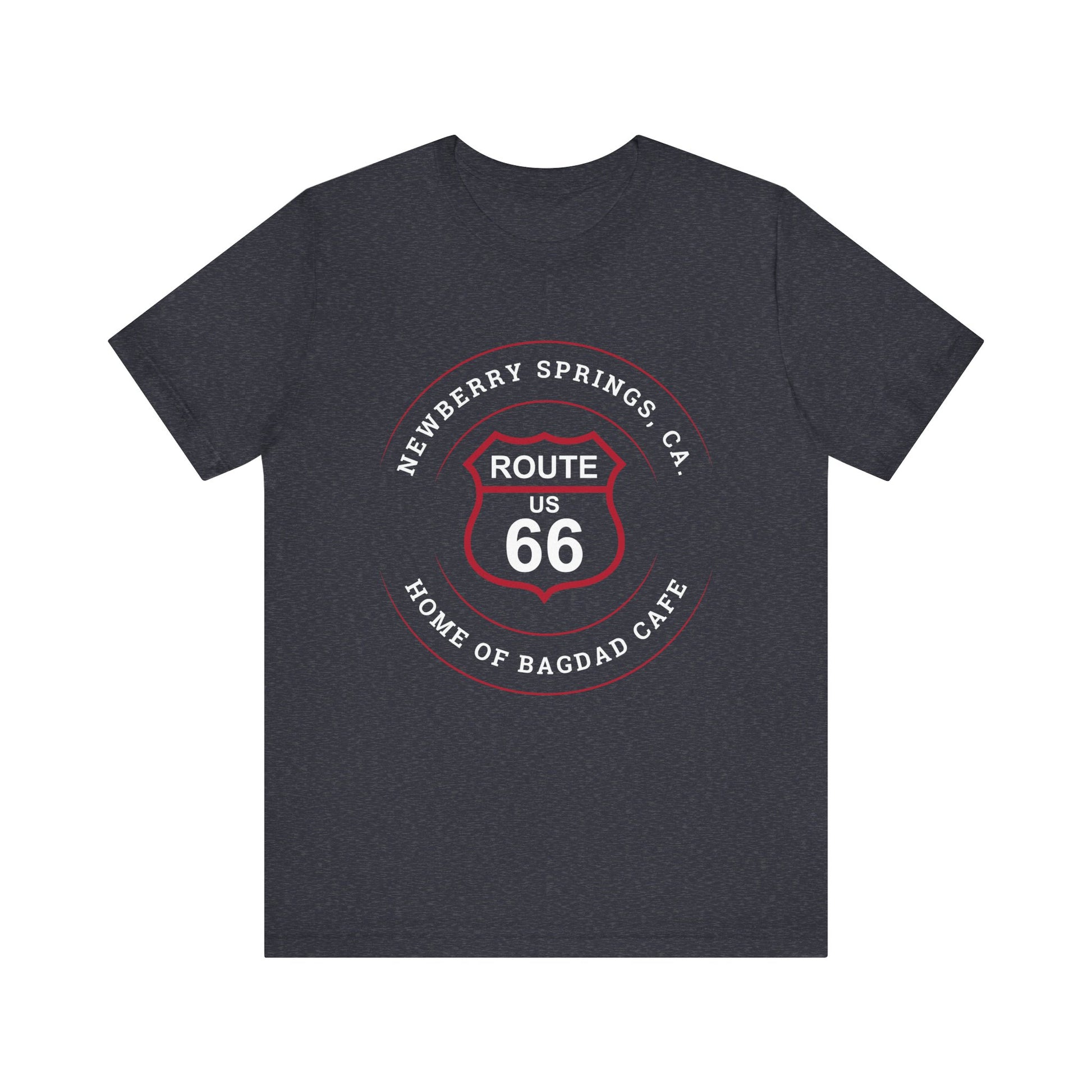 Heather navy retro Route 66 unisex jersey tee with Newberry Springs, CA: "Home of Bagdad Cafe" design