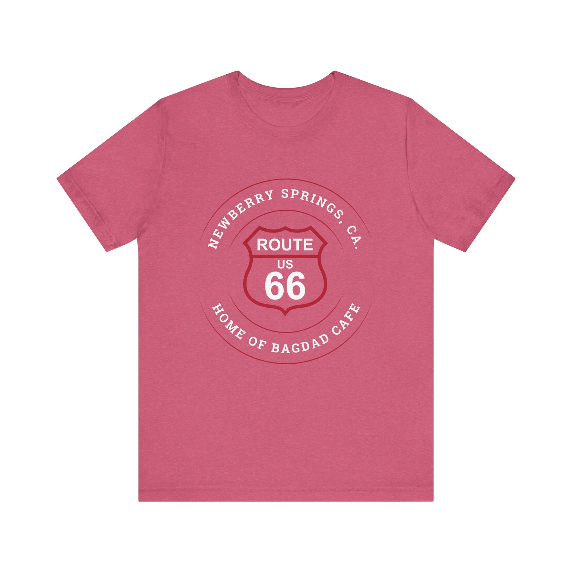 Heather raspberry retro Route 66 unisex jersey tee with Newberry Springs, CA: "Home of Bagdad Cafe" design
