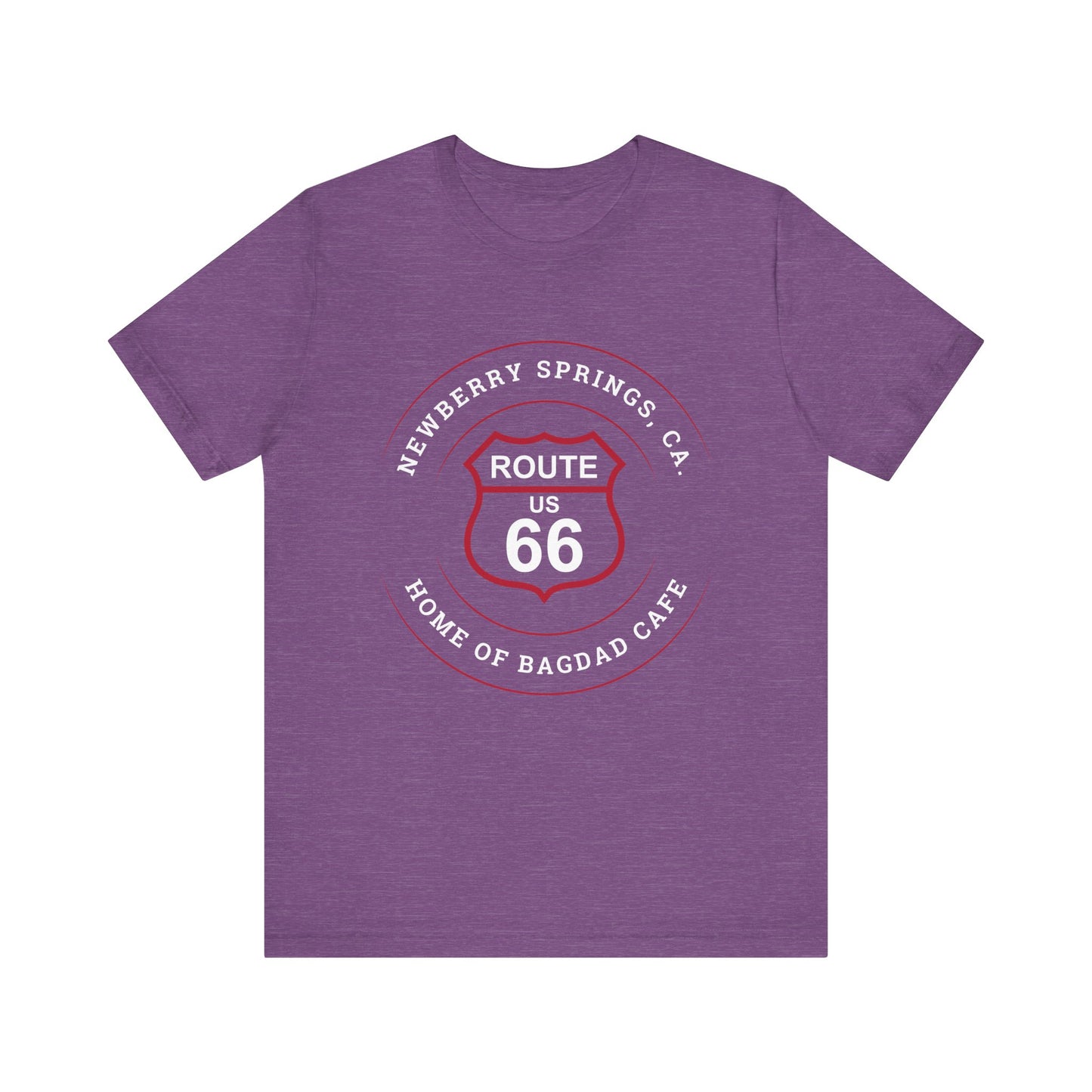 Heather team purple retro Route 66 unisex jersey tee with Newberry Springs, CA: "Home of Bagdad Cafe" design