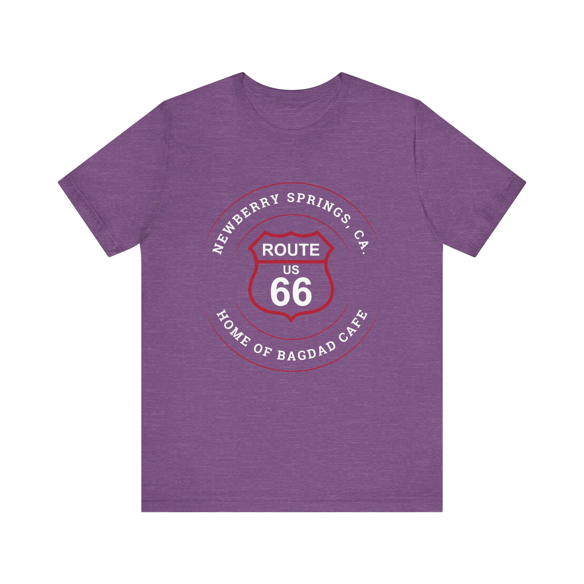 Heather team purple retro Route 66 unisex jersey tee with Newberry Springs, CA: "Home of Bagdad Cafe" design