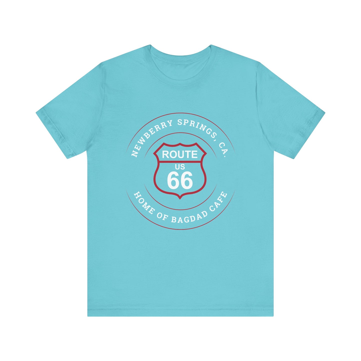Turquoise retro Route 66 unisex jersey tee with Newberry Springs, CA: "Home of Bagdad Cafe" design