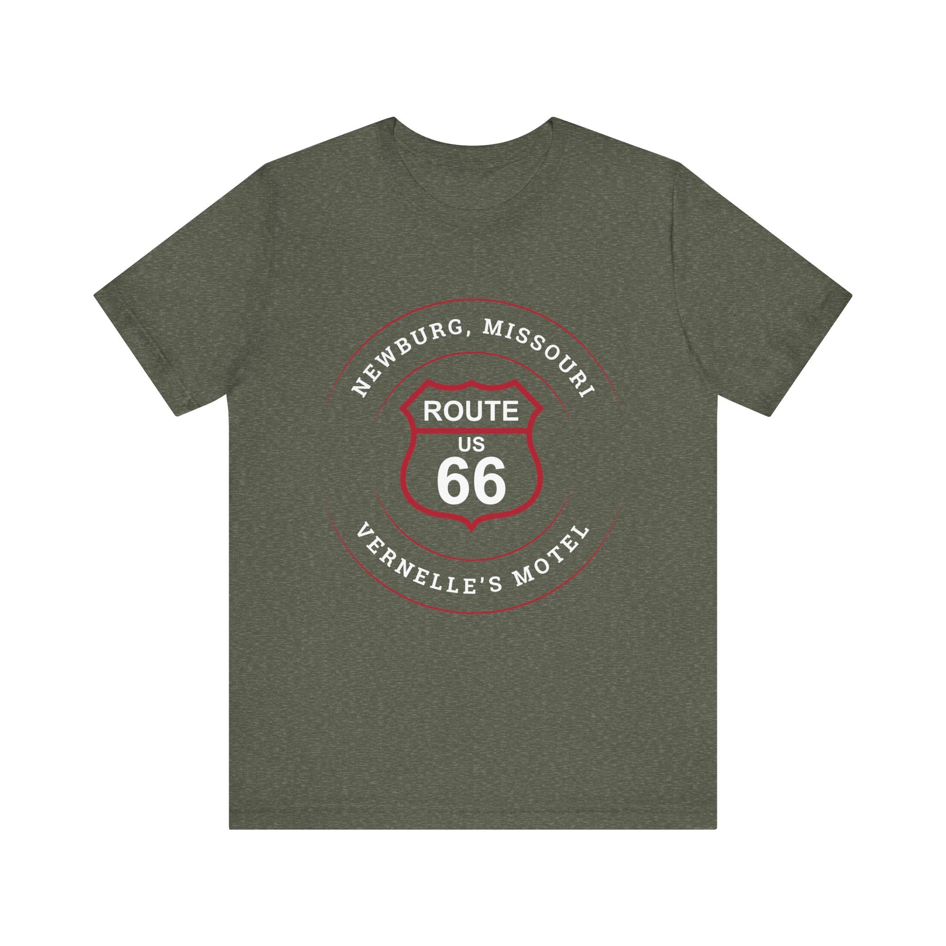 Heather military green retro Route 66 unisex jersey tee with Newburg, MO: "Vernelle's Motel" design