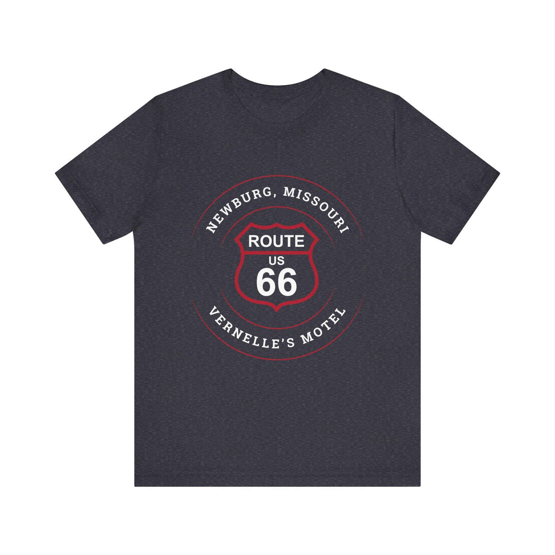 Heather navy retro Route 66 unisex jersey tee with Newburg, MO: "Vernelle's Motel" design