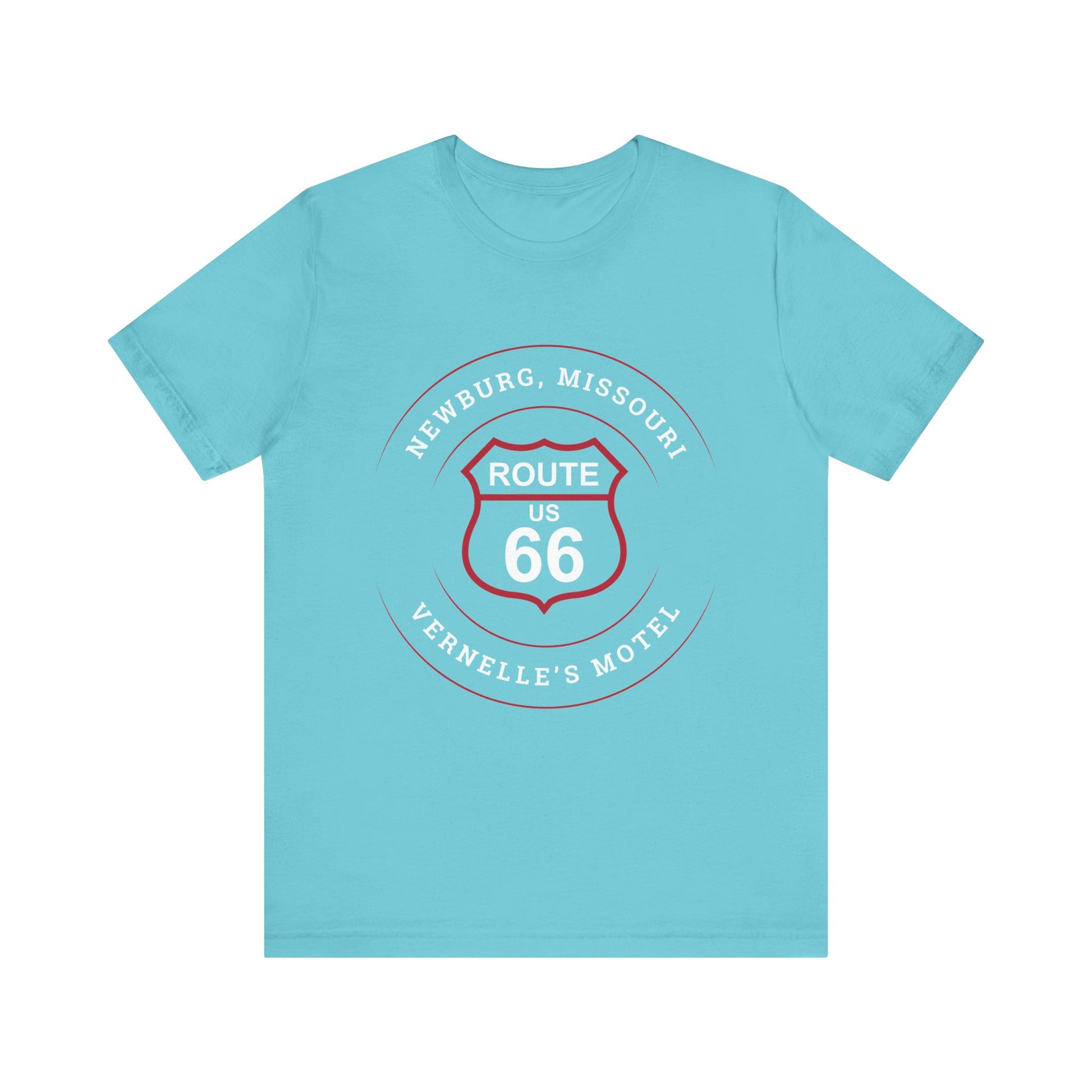 Turquoise retro Route 66 unisex jersey tee with Newburg, MO: "Vernelle's Motel" design