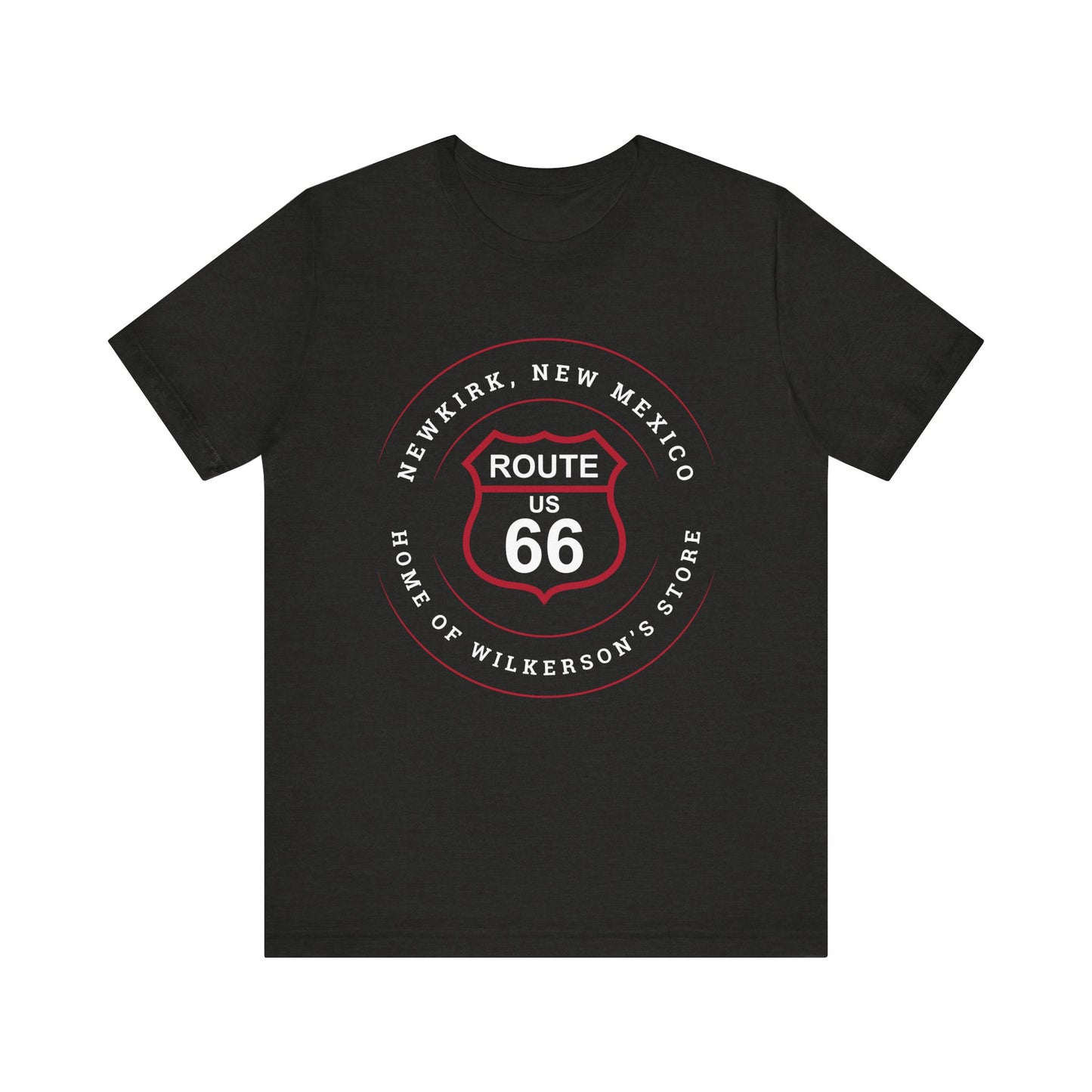 Black heather retro Route 66 unisex jersey tee with Newkirk, NM: "Home of Wilkerson's Store" design
