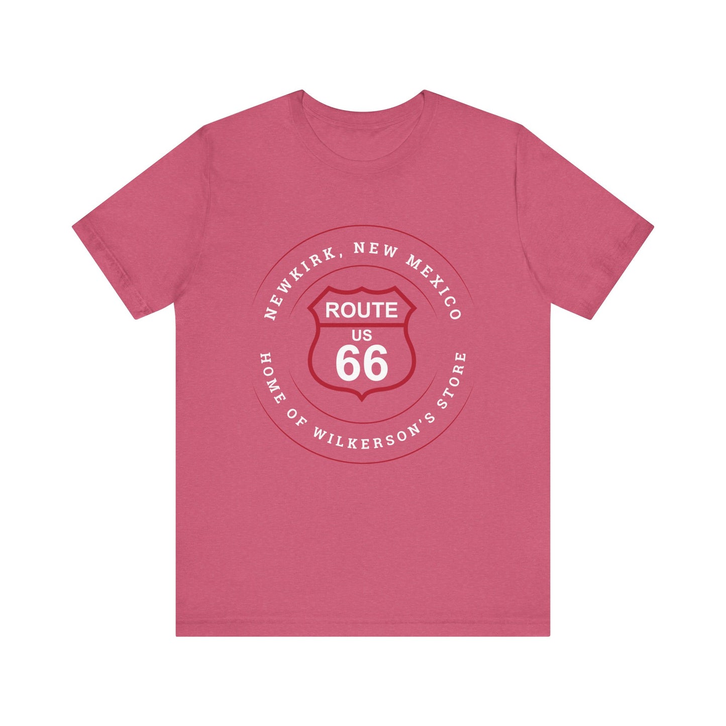 Heather raspberry retro Route 66 unisex jersey tee with Newkirk, NM: "Home of Wilkerson's Store" design