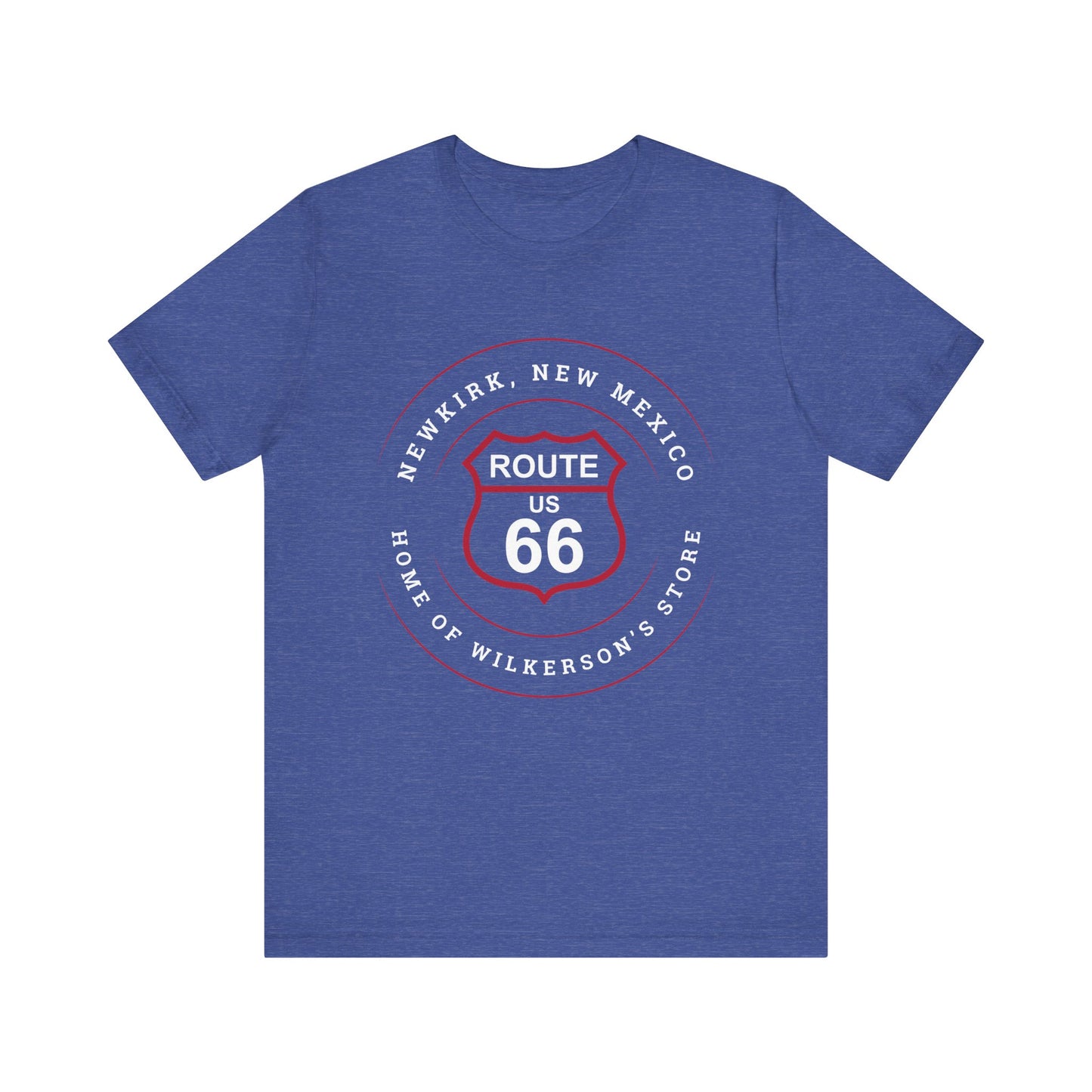 Heather true royal retro Route 66 unisex jersey tee with Newkirk, NM: "Home of Wilkerson's Store" design