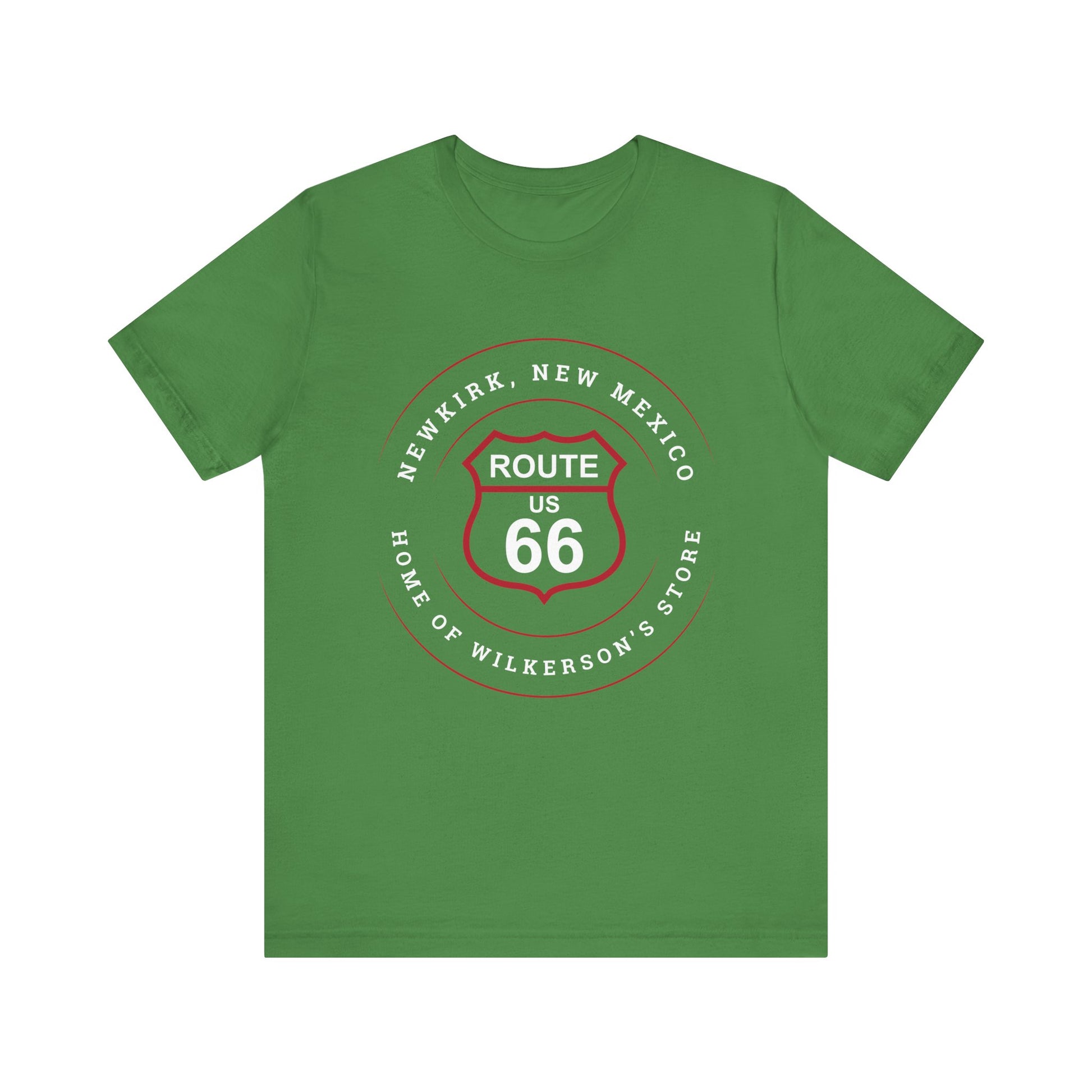 Leaf retro Route 66 unisex jersey tee with Newkirk, NM: "Home of Wilkerson's Store" design