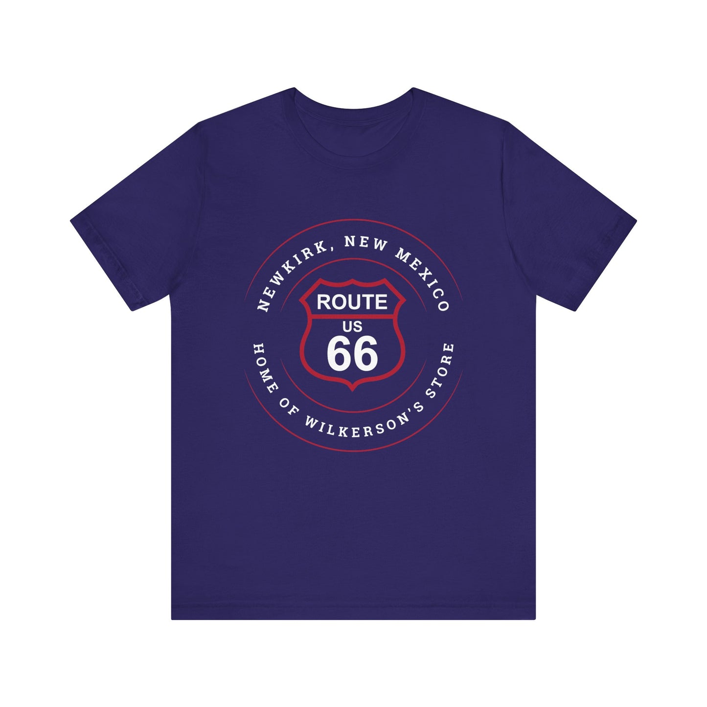 Team navy retro Route 66 unisex jersey tee with Newkirk, NM: "Home of Wilkerson's Store" design