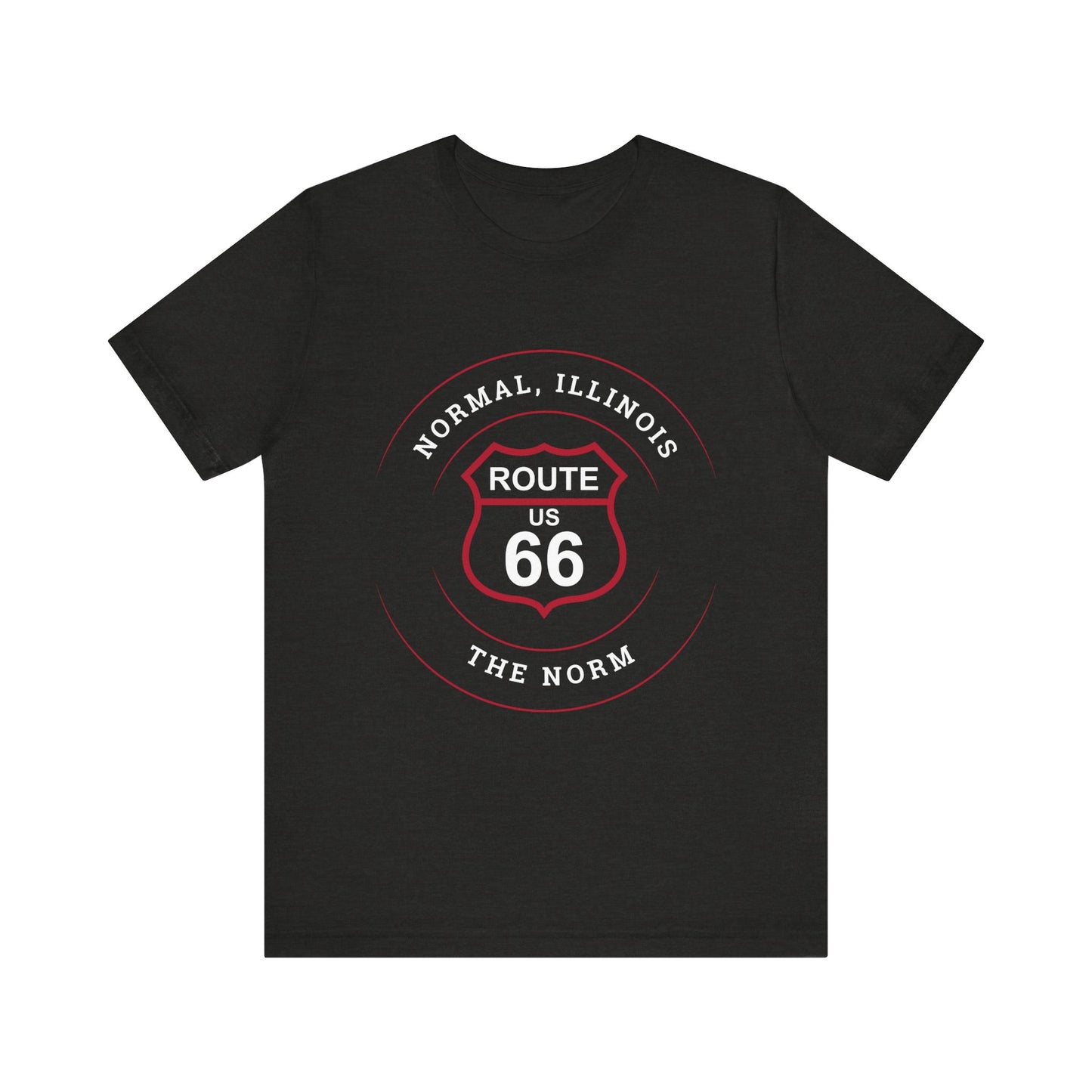 Black heather retro Route 66 unisex jersey tee with Normal, IL: "The Norm" design