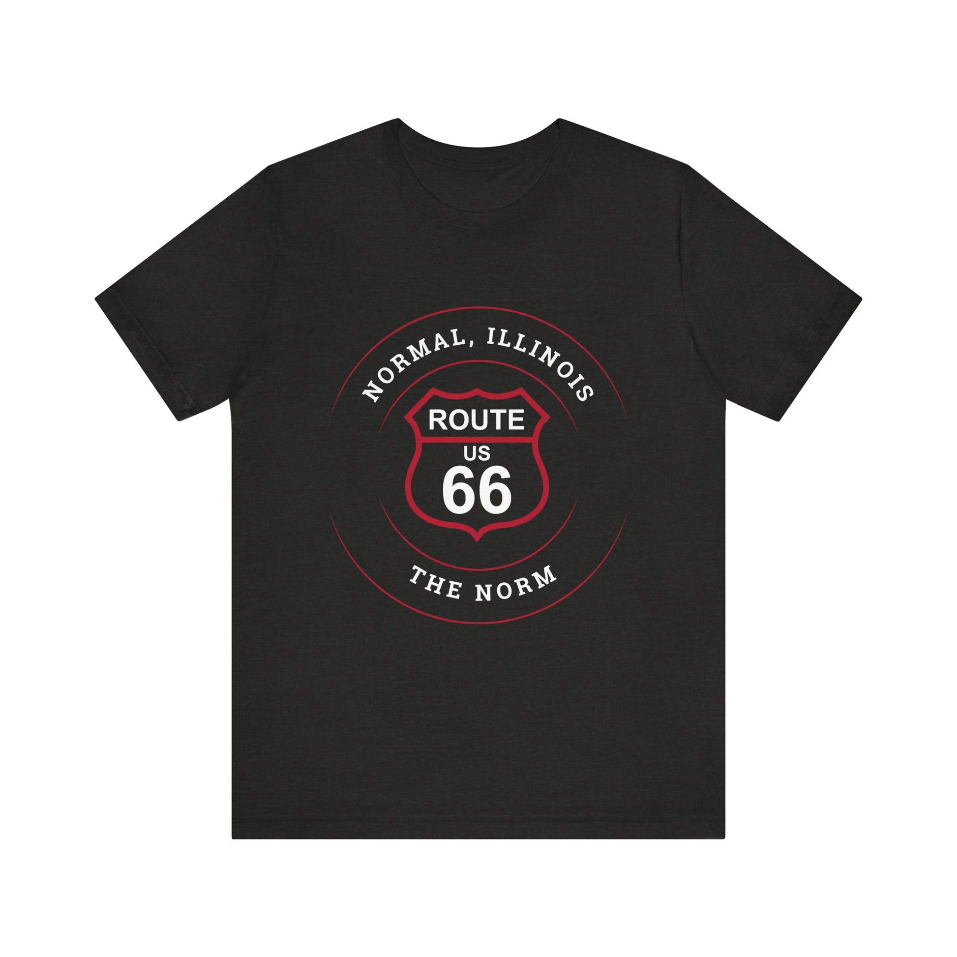 Black heather retro Route 66 unisex jersey tee with Normal, IL: "The Norm" design
