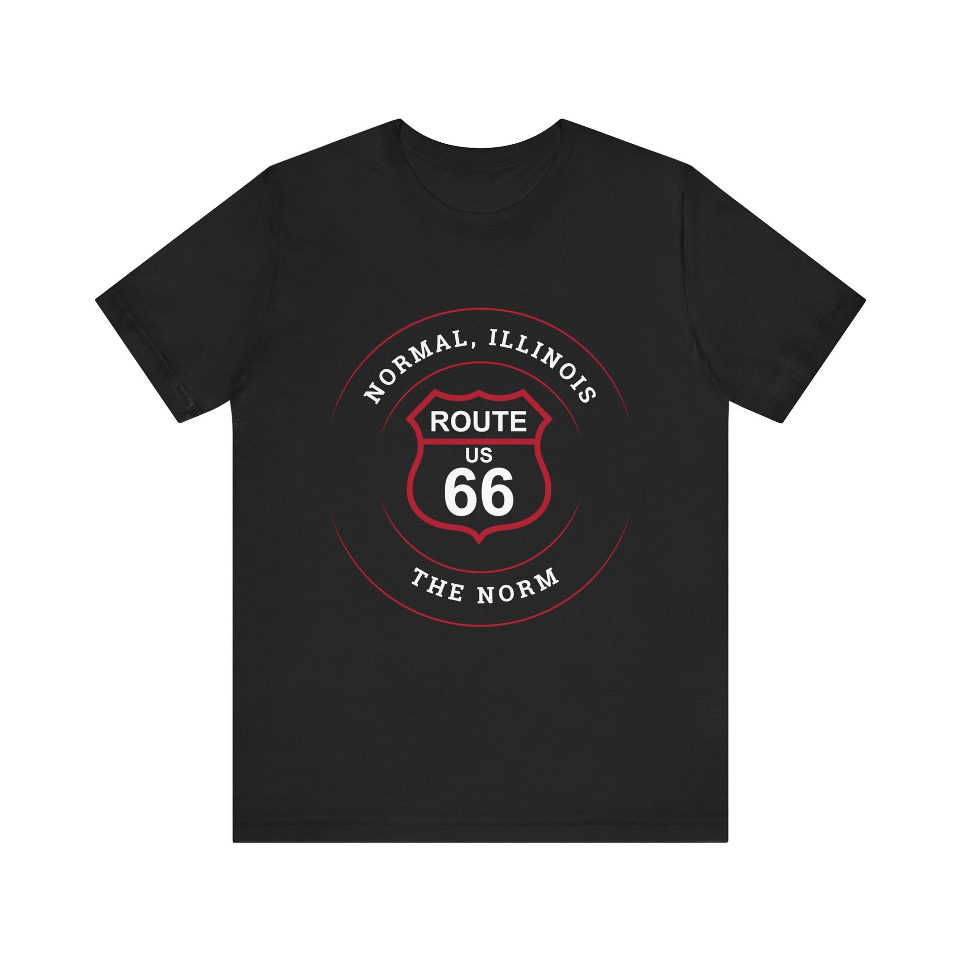 Black retro Route 66 unisex jersey tee with Normal, IL: "The Norm" design