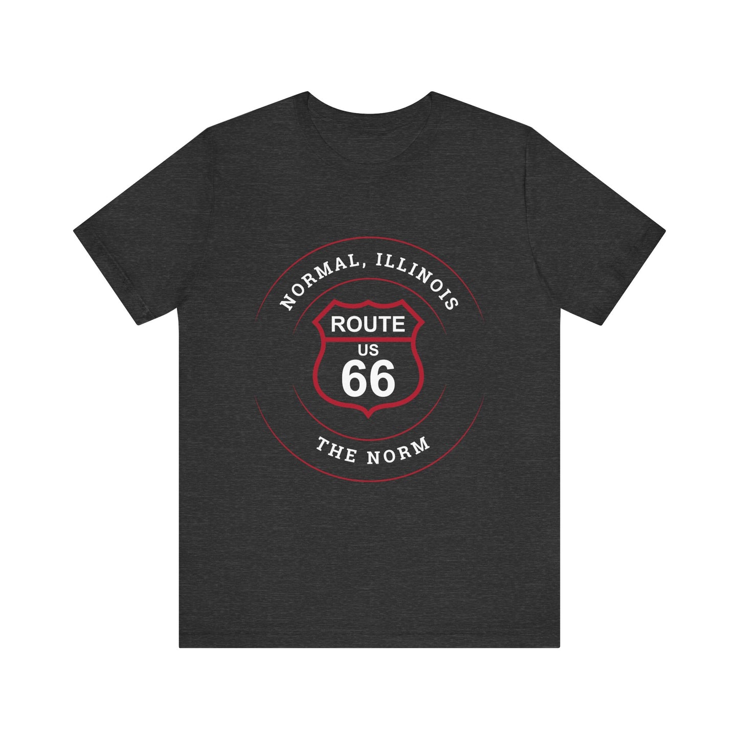 Dark grey heather retro Route 66 unisex jersey tee with Normal, IL: "The Norm" design