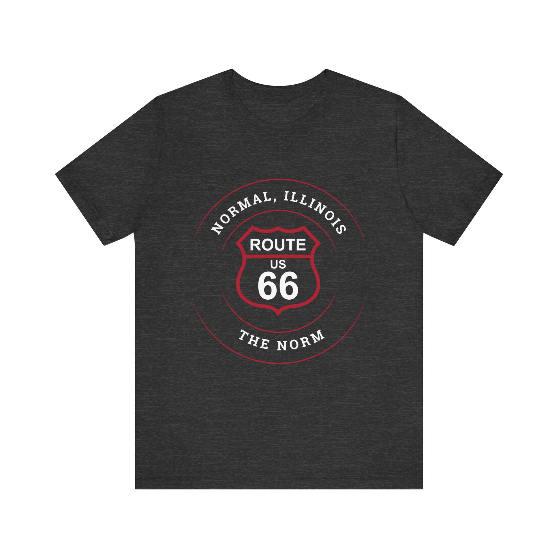 Dark grey heather retro Route 66 unisex jersey tee with Normal, IL: "The Norm" design